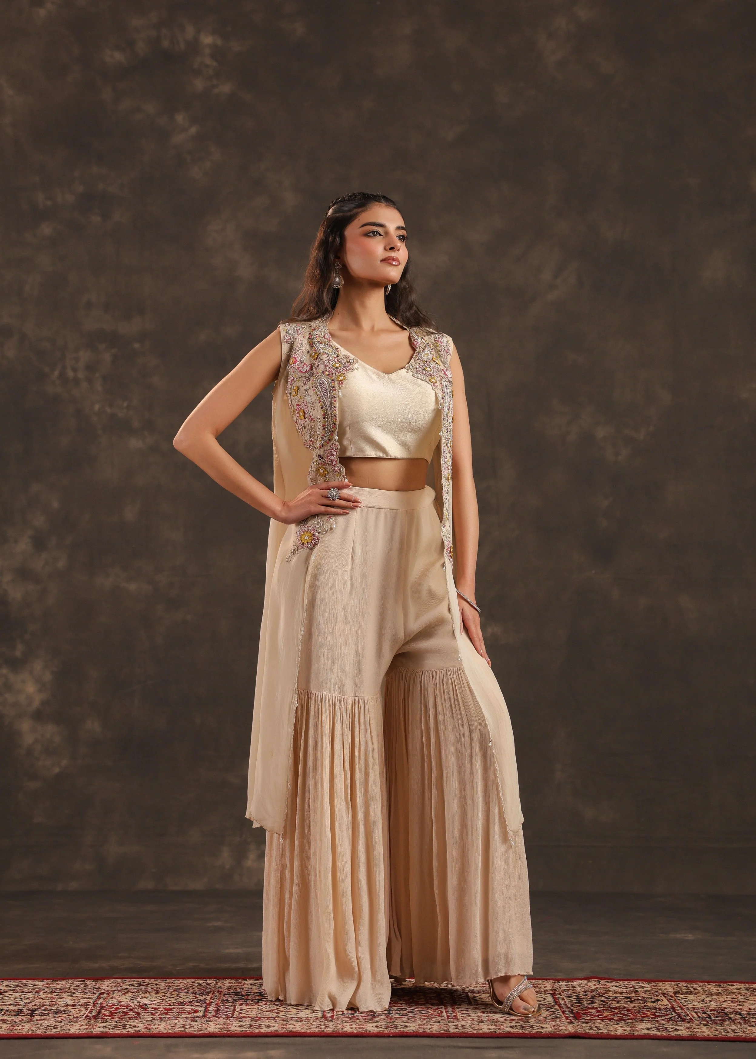 Beige Flora Embellished Chinon Silk Sharara Set - Image 4