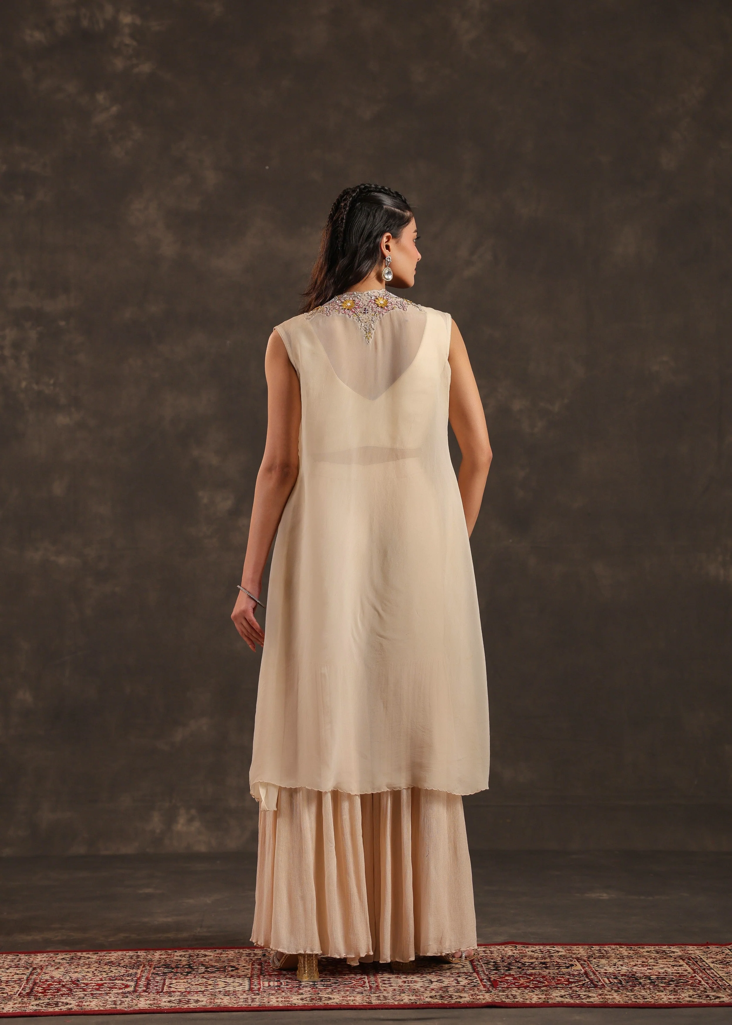 Beige Flora Embellished Chinon Silk Sharara Set - Image 5