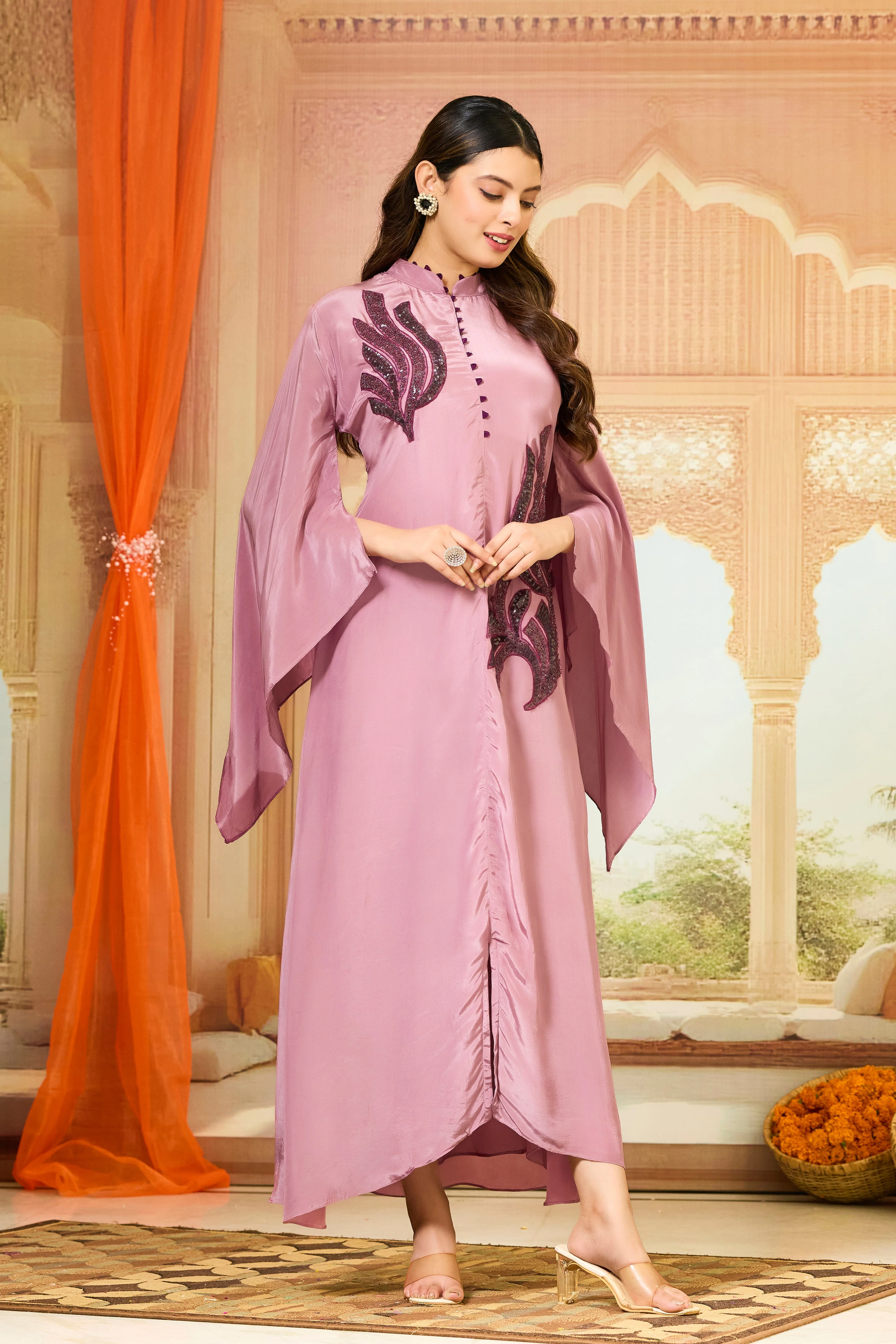 Pink Embellished Crepe Silk Dress - Image 3