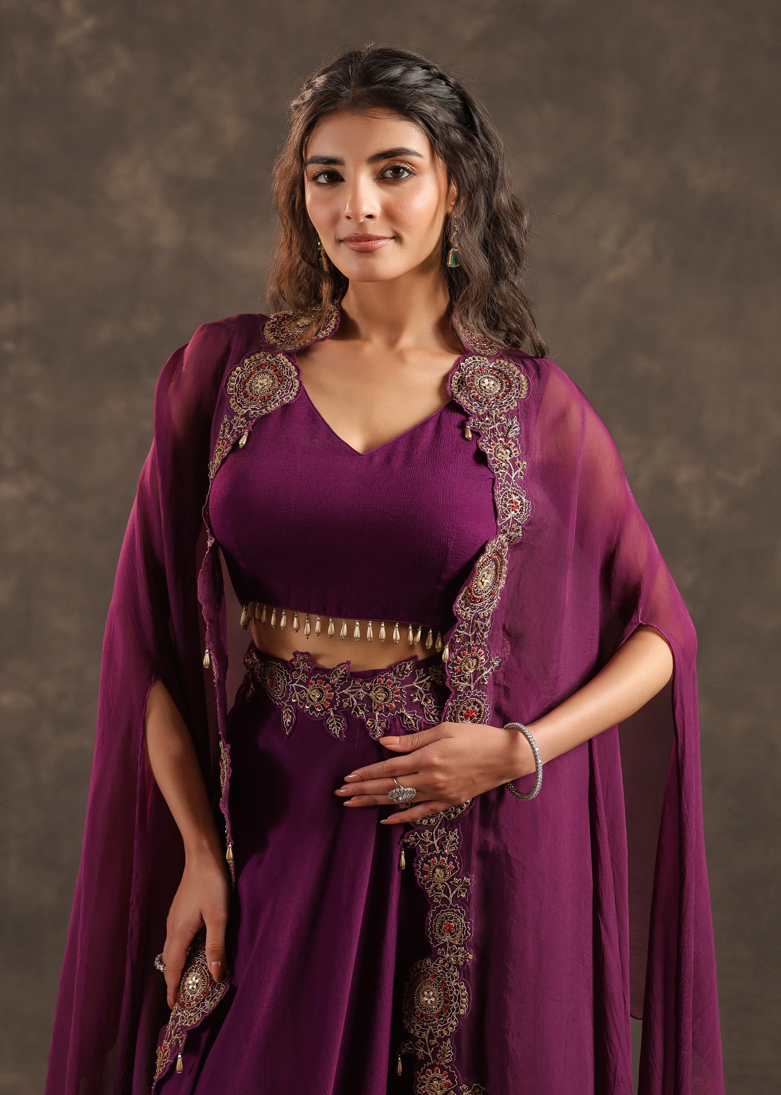 Plum Flare Embellished Crepe Silk Cape Set - Image 2