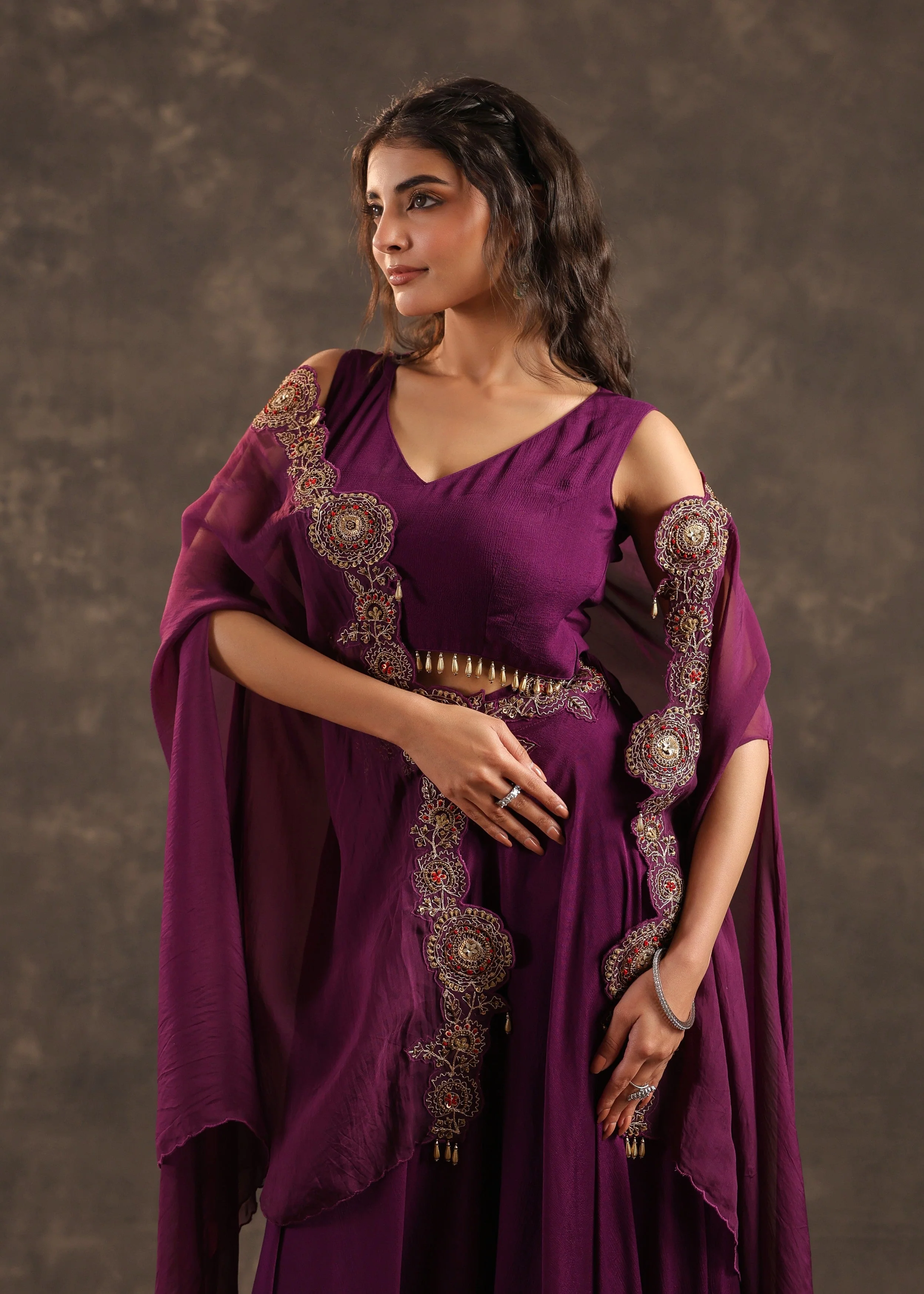 Plum Flare Embellished Crepe Silk Cape Set - Image 3