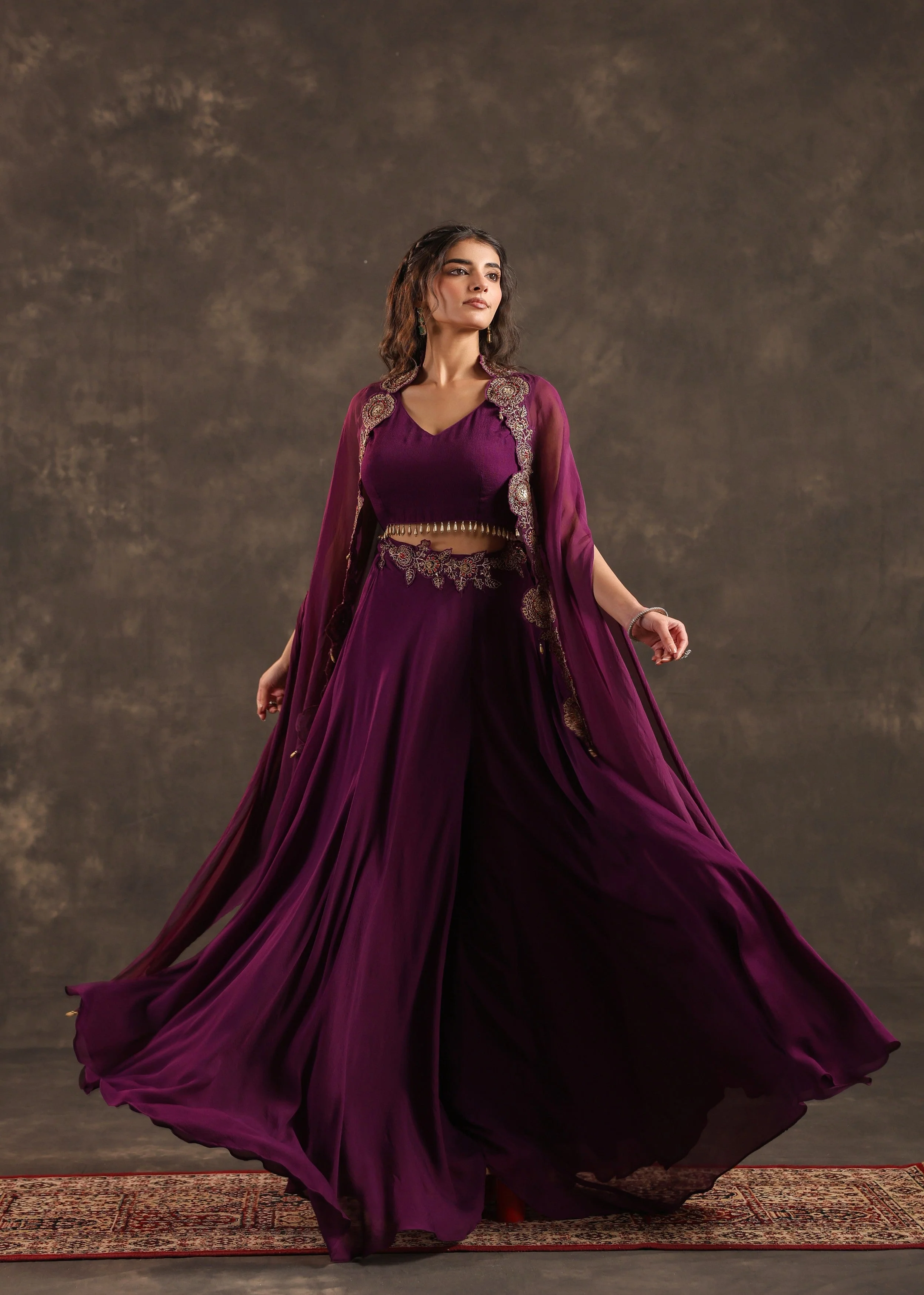 Plum Flare Embellished Crepe Silk Cape Set - Image 4