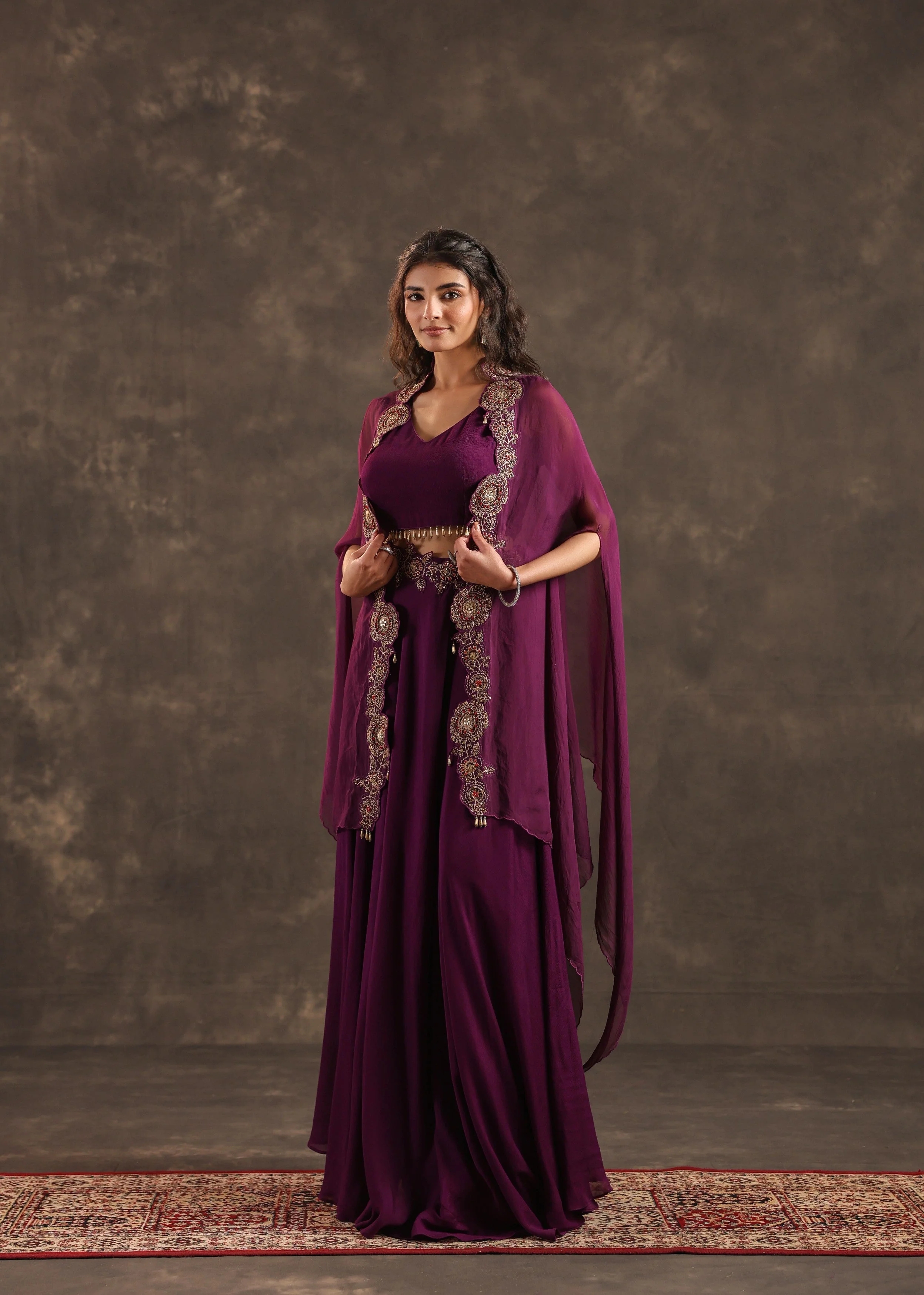 Plum Flare Embellished Crepe Silk Cape Set - Image 5