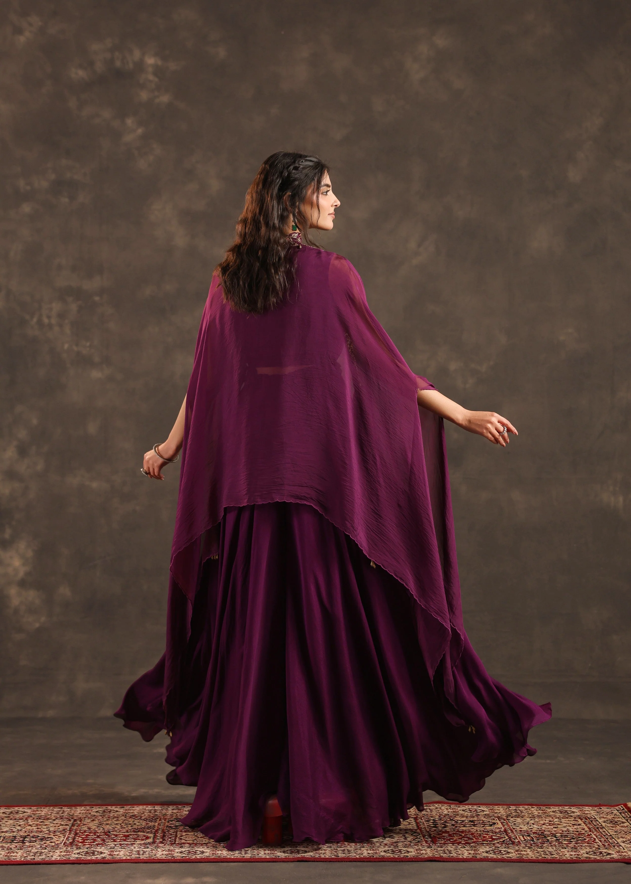 Plum Flare Embellished Crepe Silk Cape Set - Image 6