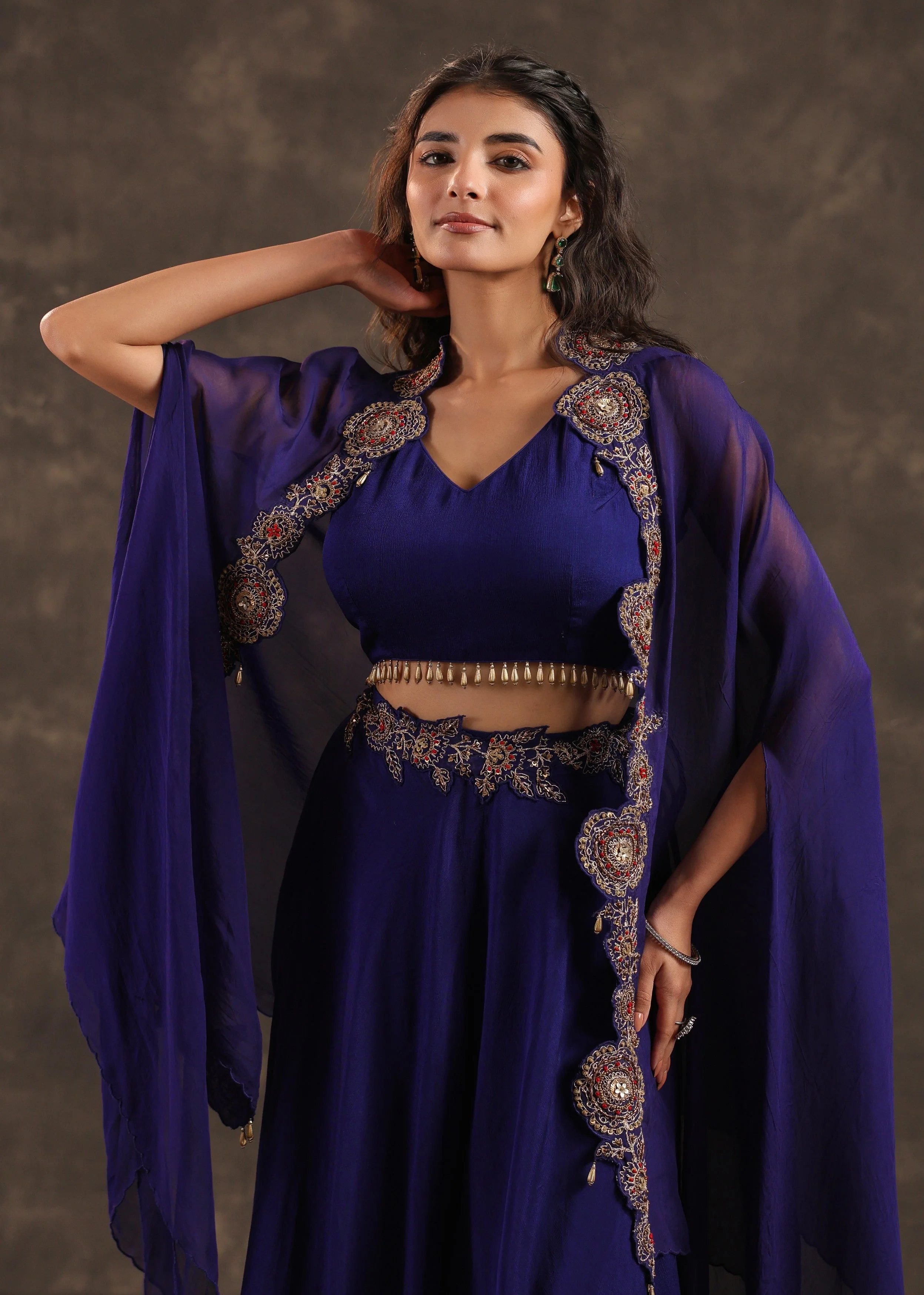 Royal Flare Embellished Crepe Silk Cape Set - Image 2