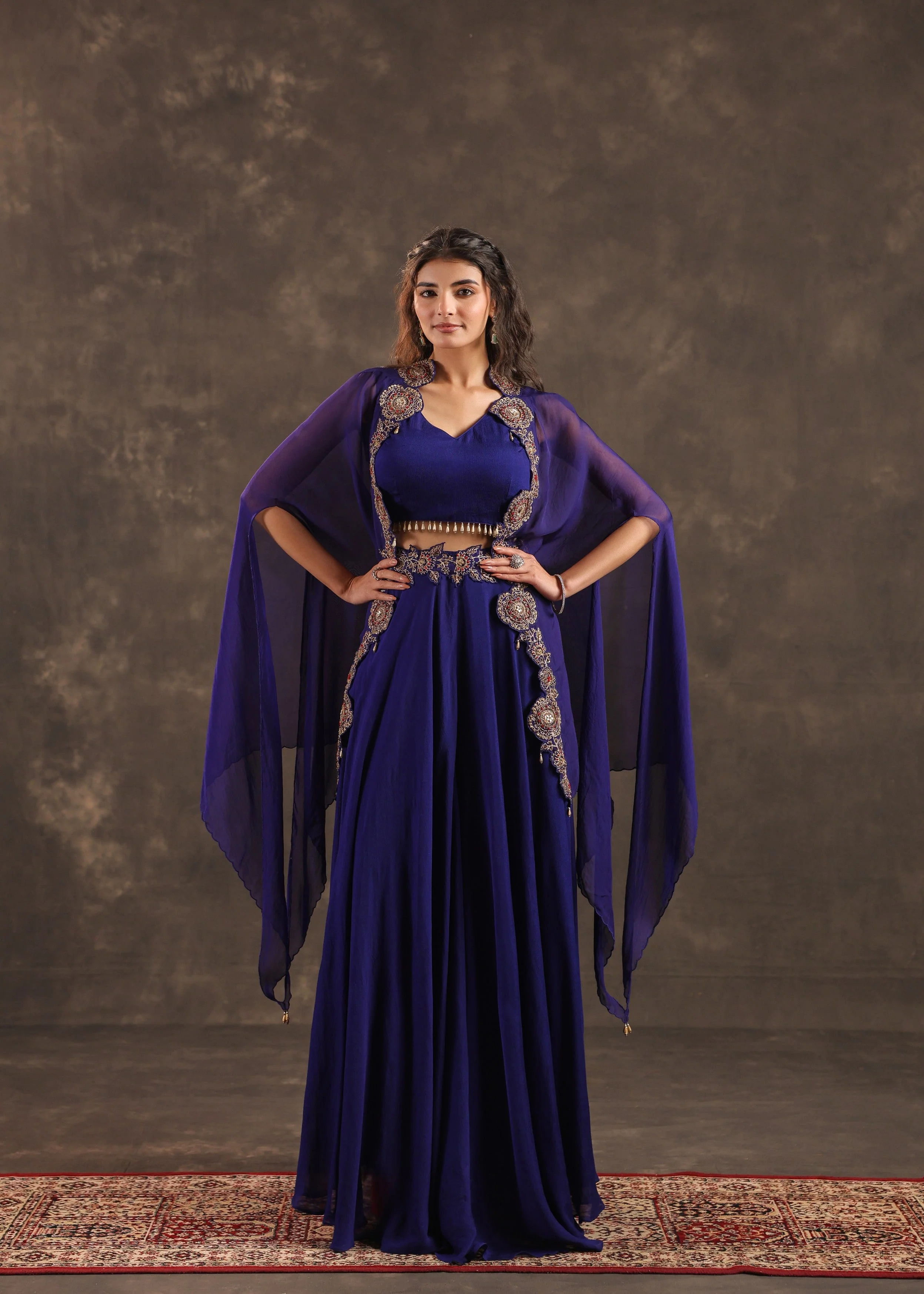 Royal Flare Embellished Crepe Silk Cape Set - Image 3