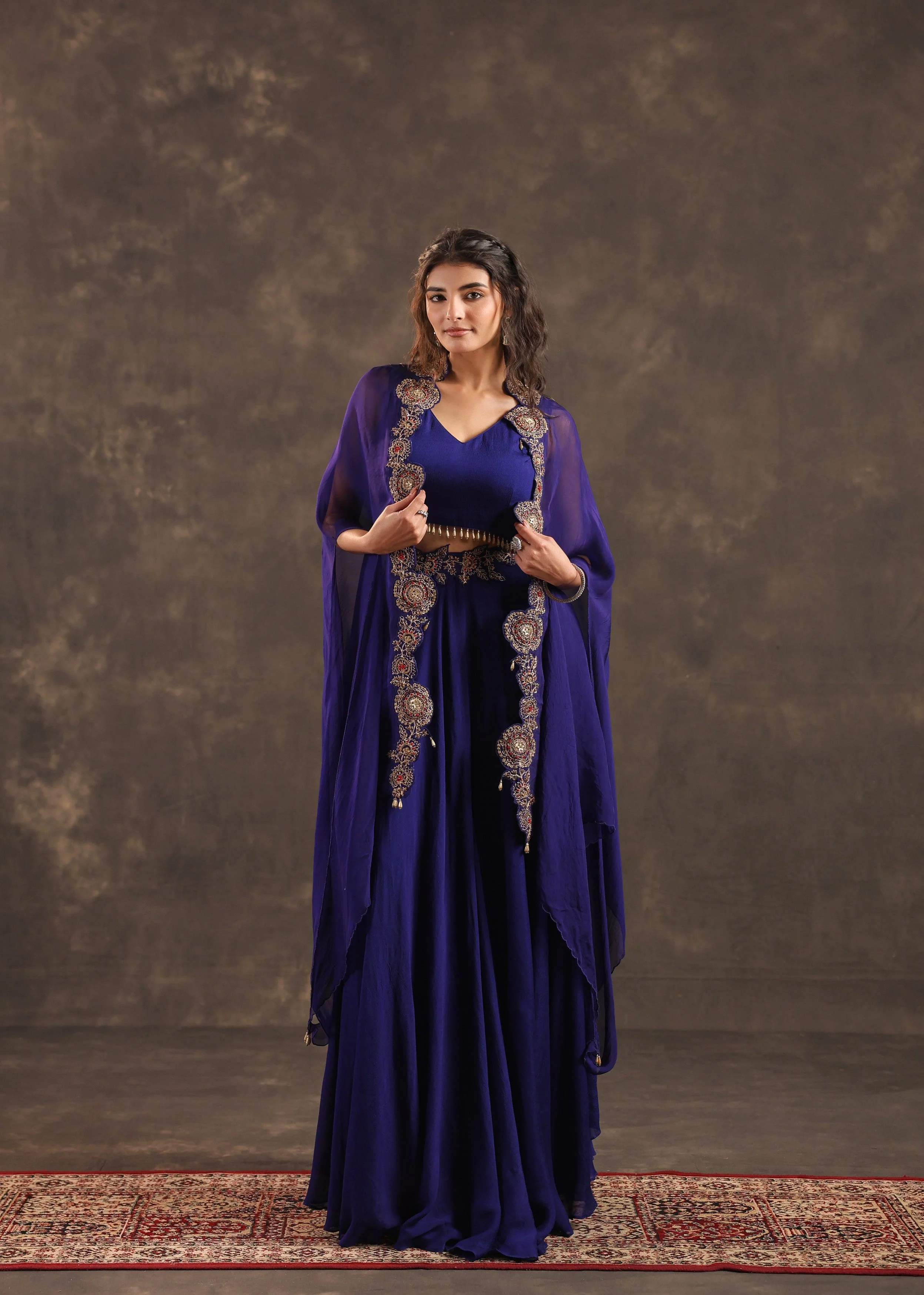 Royal Flare Embellished Crepe Silk Cape Set - Image 4