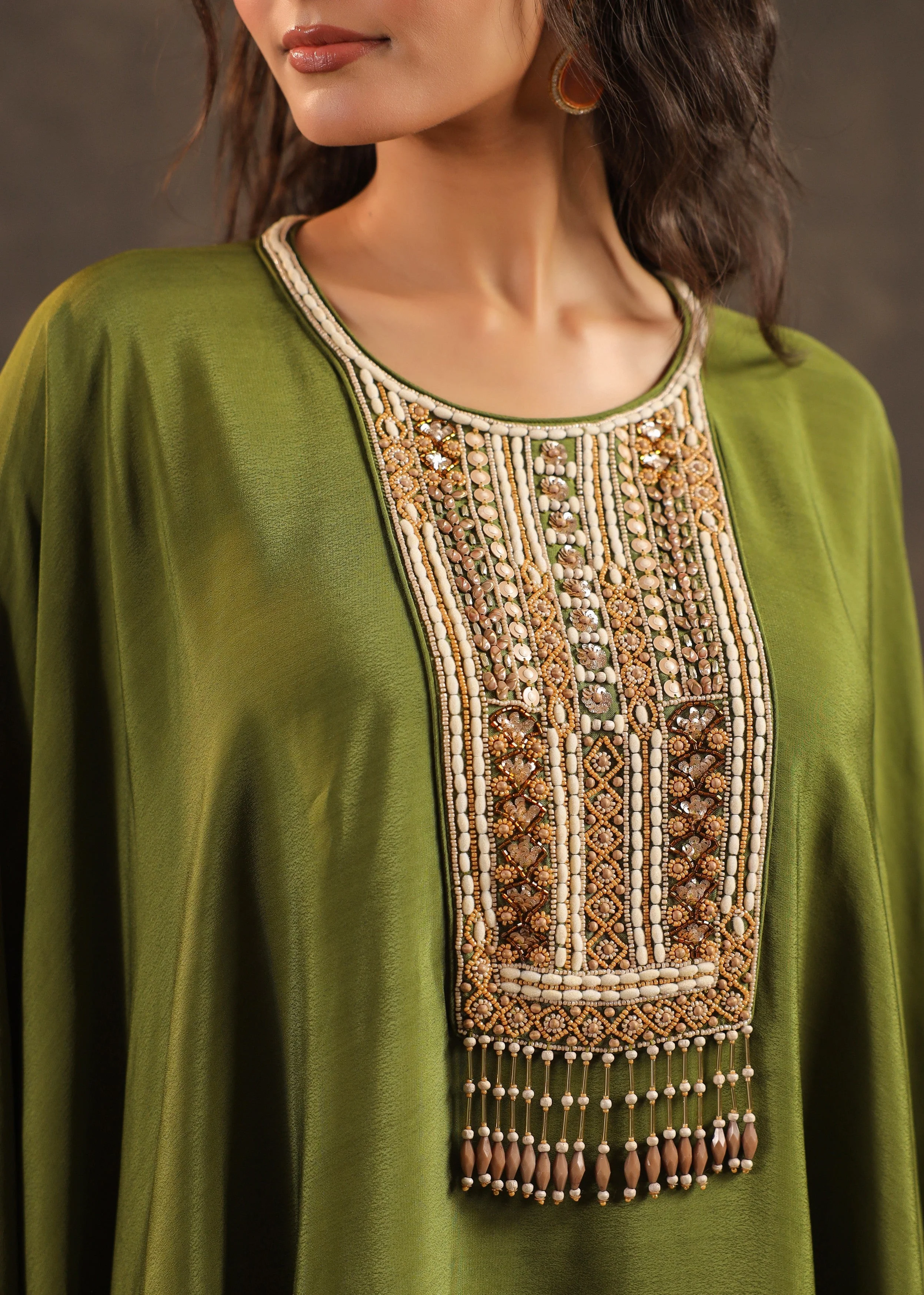 Olive Embellished Crepe Silk Kaftan Set - Image 2