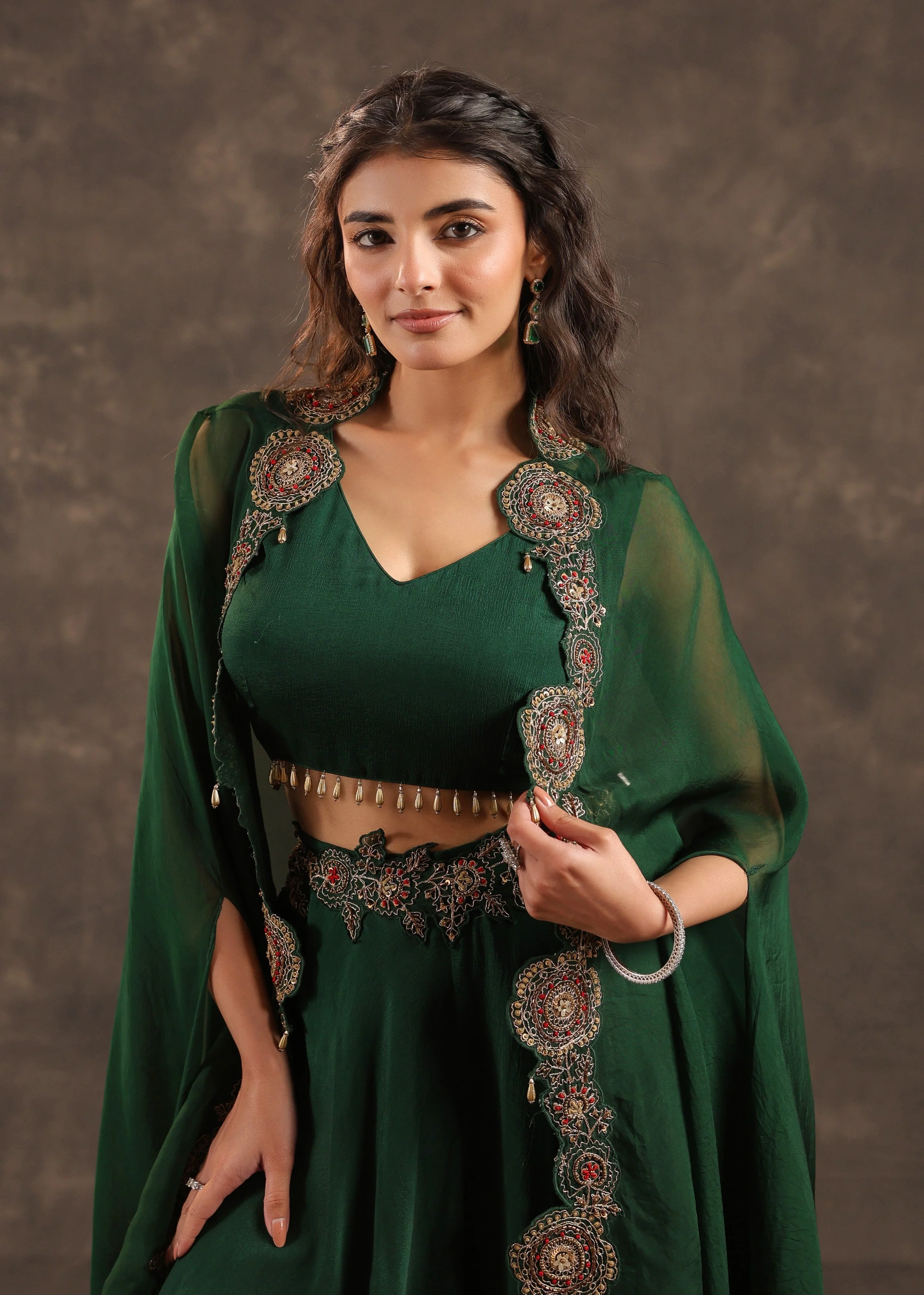 Emerald Flare Embellished Crepe Silk Cape Set - Image 2