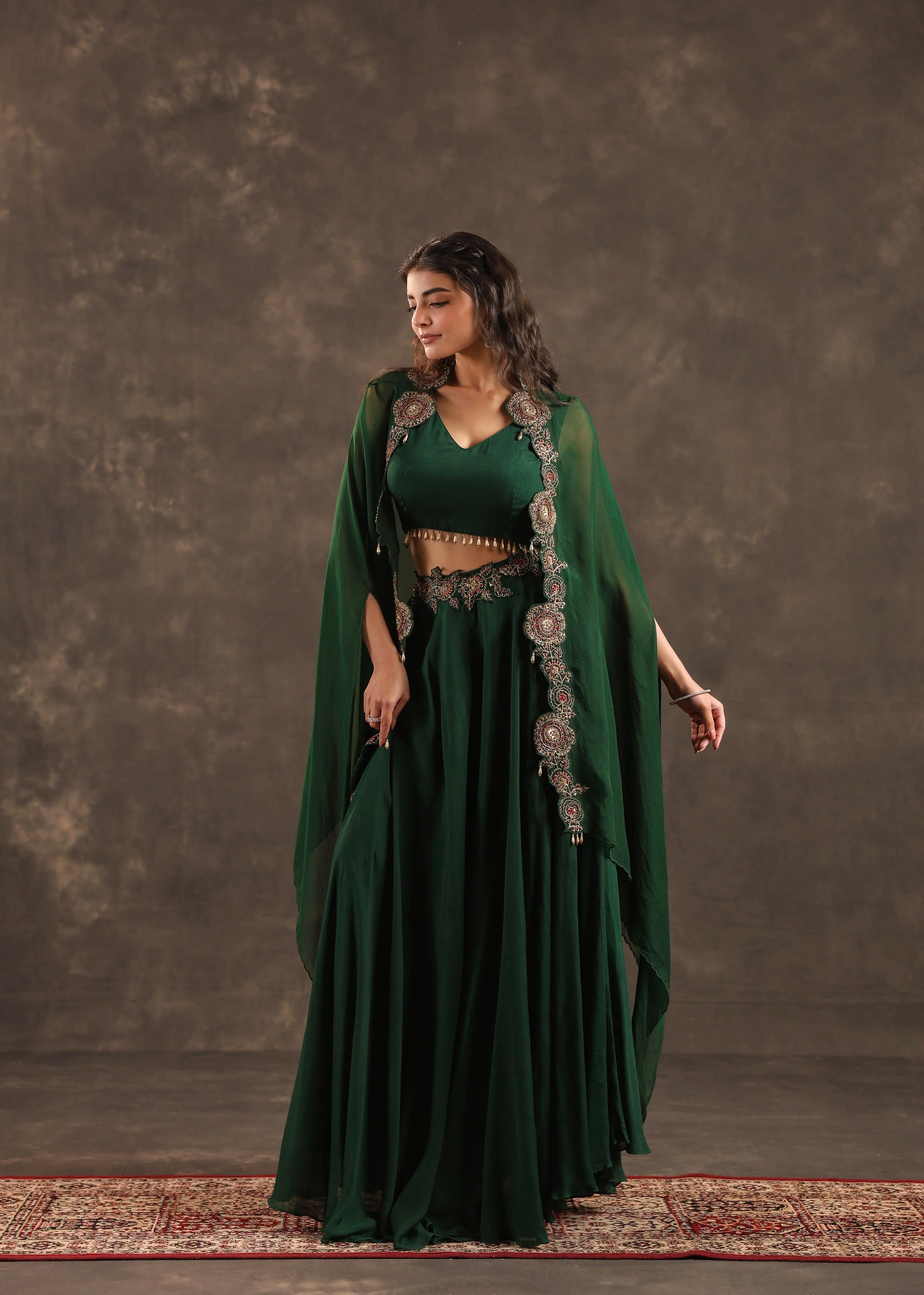 Emerald Flare Embellished Crepe Silk Cape Set - Image 3
