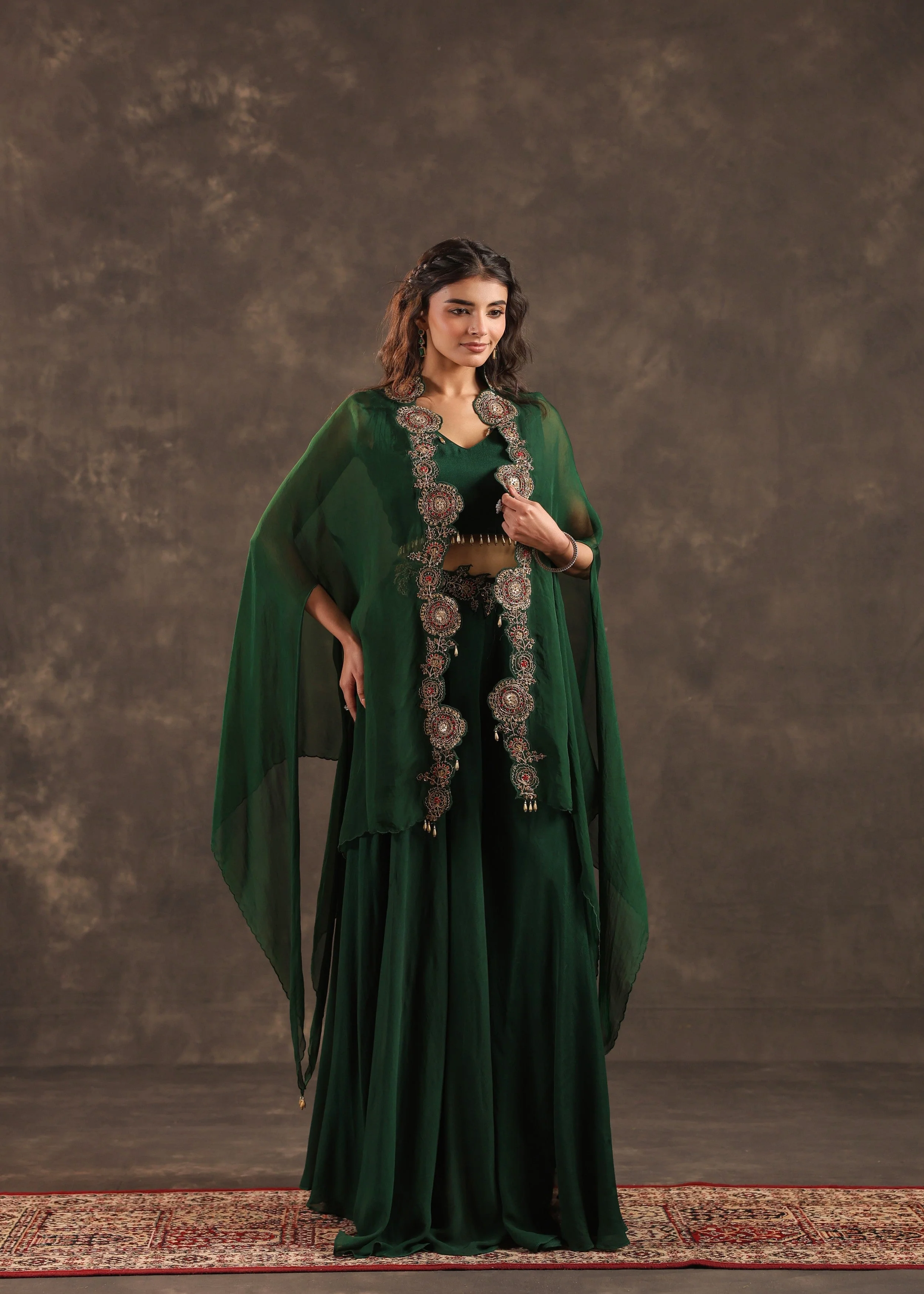 Emerald Flare Embellished Crepe Silk Cape Set - Image 4