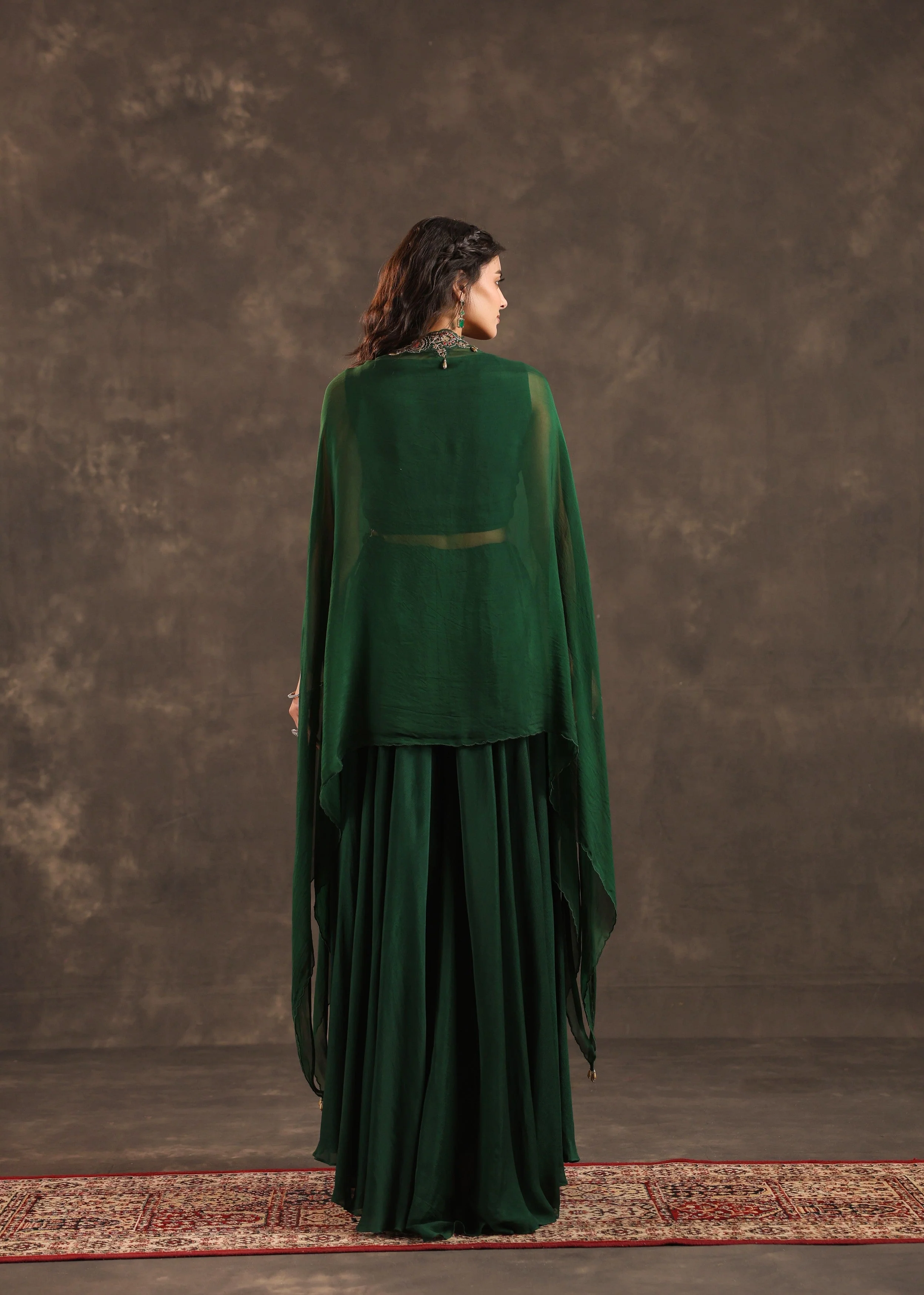 Emerald Flare Embellished Crepe Silk Cape Set - Image 5