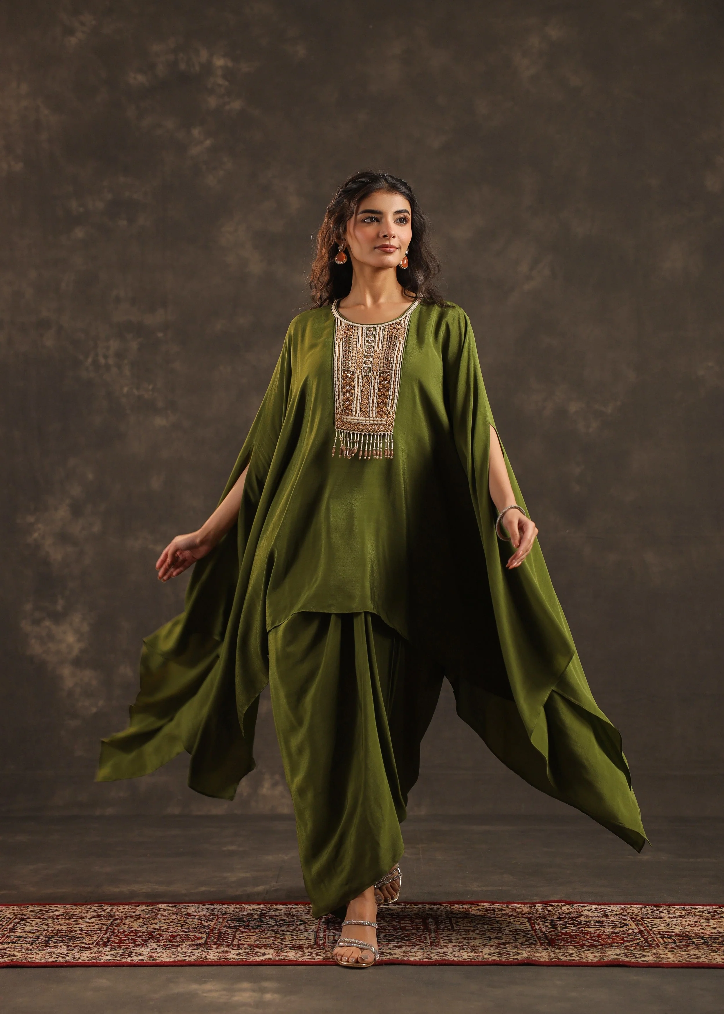 Olive Embellished Crepe Silk Kaftan Set - Image 3
