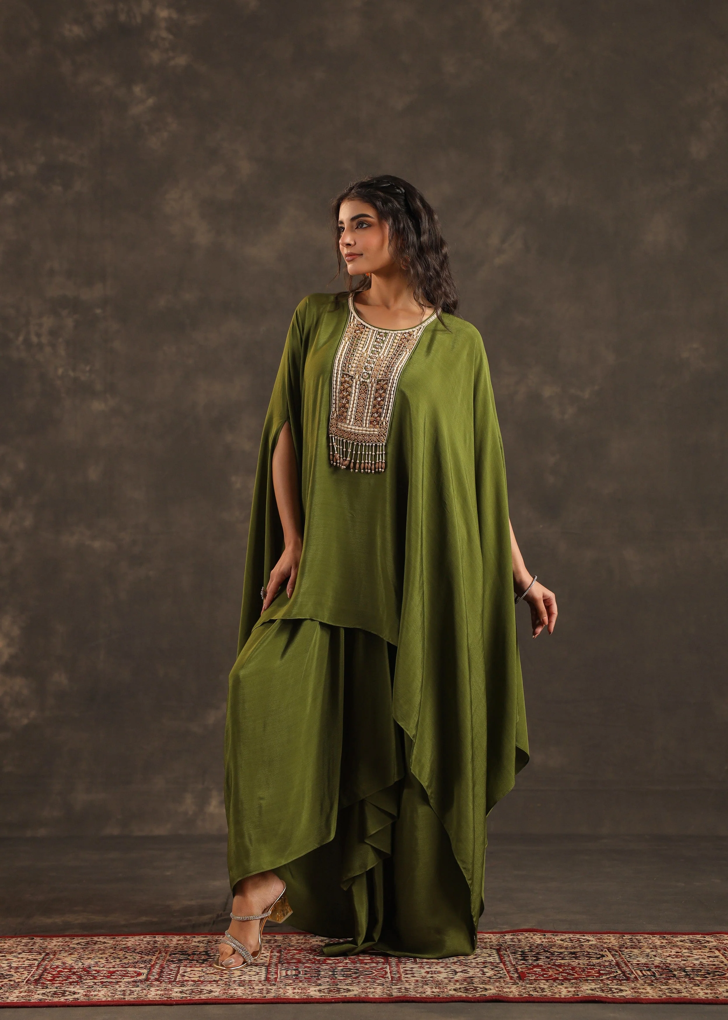 Olive Embellished Crepe Silk Kaftan Set - Image 4