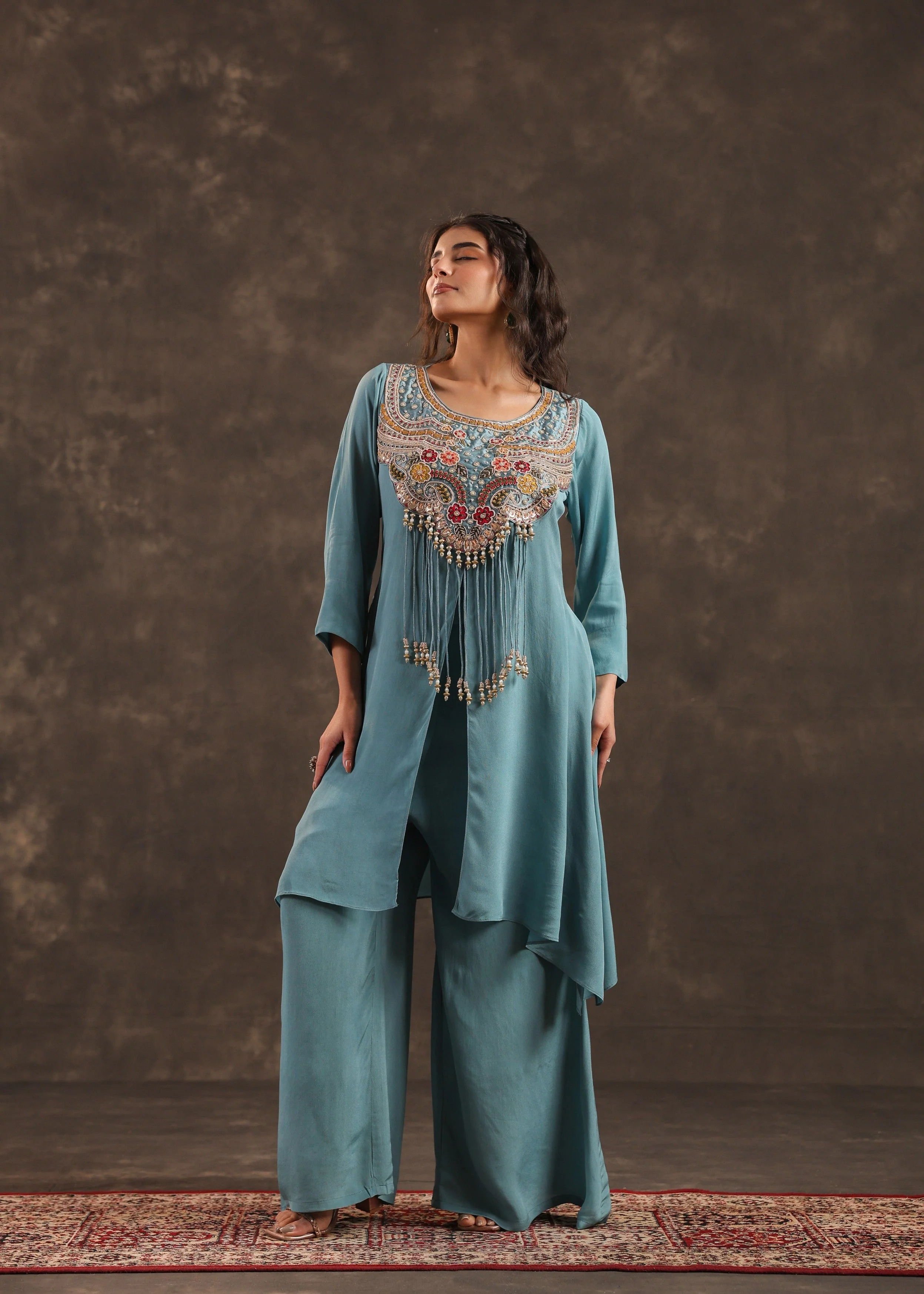 Sky Bloom Embellished Crepe Silk Palazzo Set - Image 3