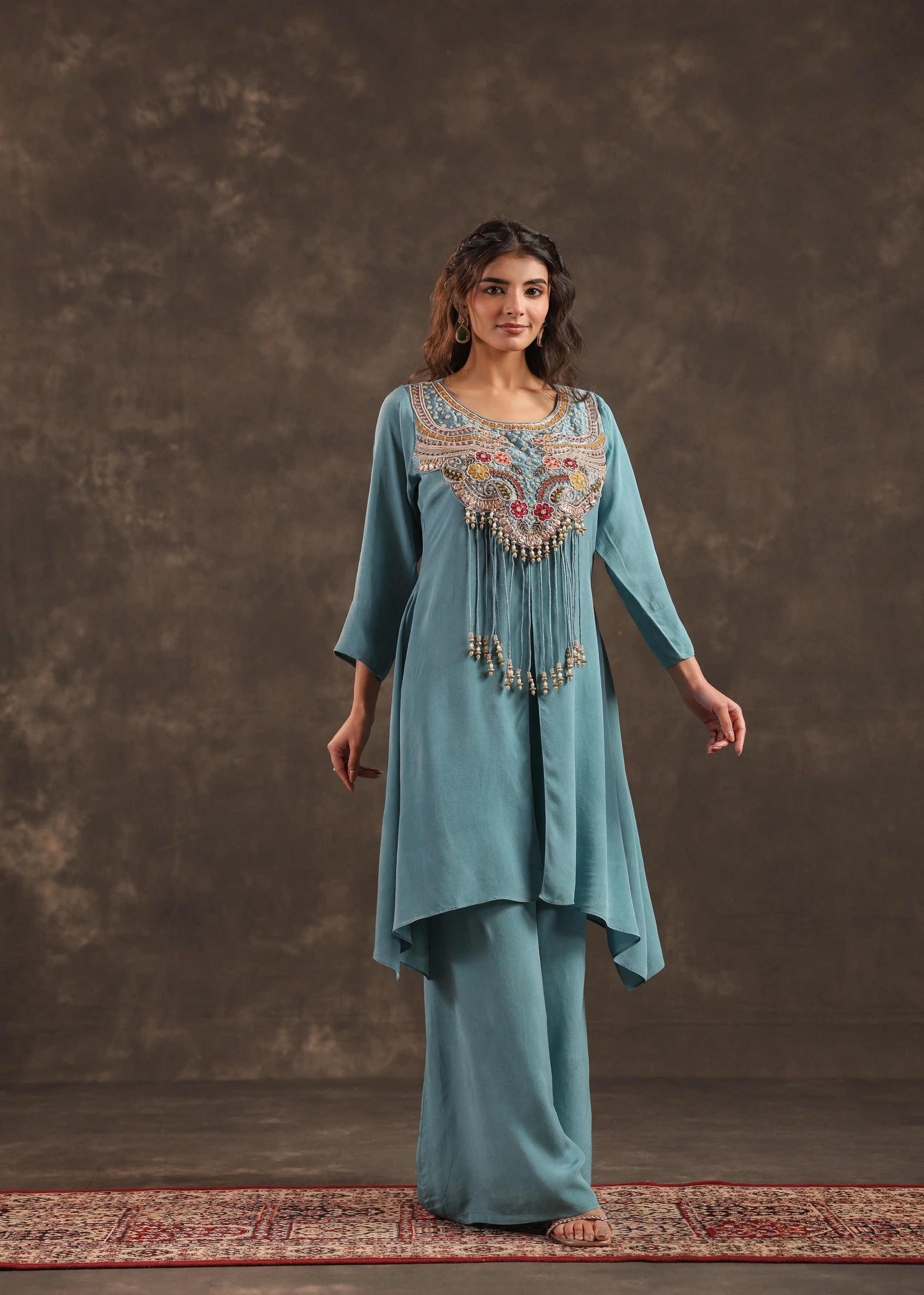 Sky Bloom Embellished Crepe Silk Palazzo Set - Image 4