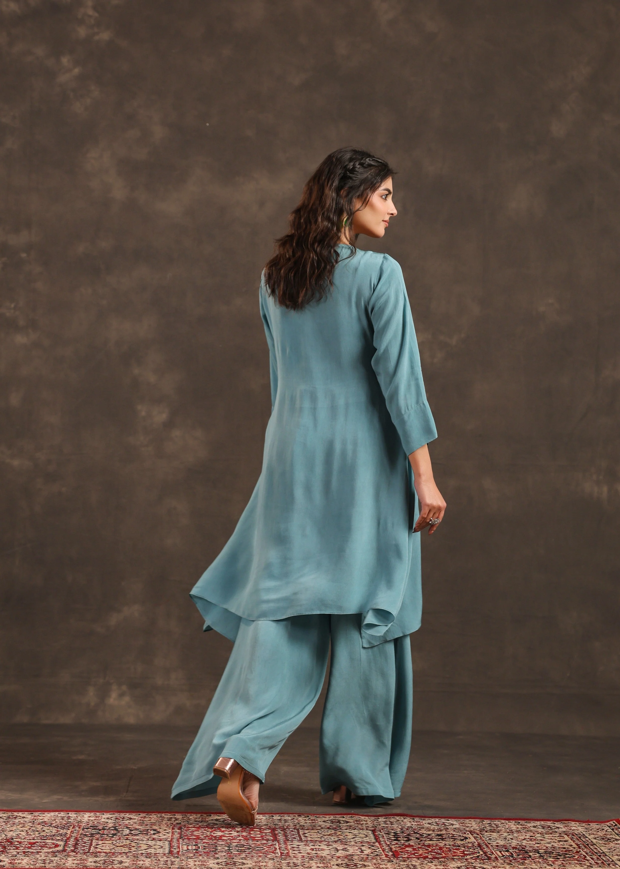 Sky Bloom Embellished Crepe Silk Palazzo Set - Image 5