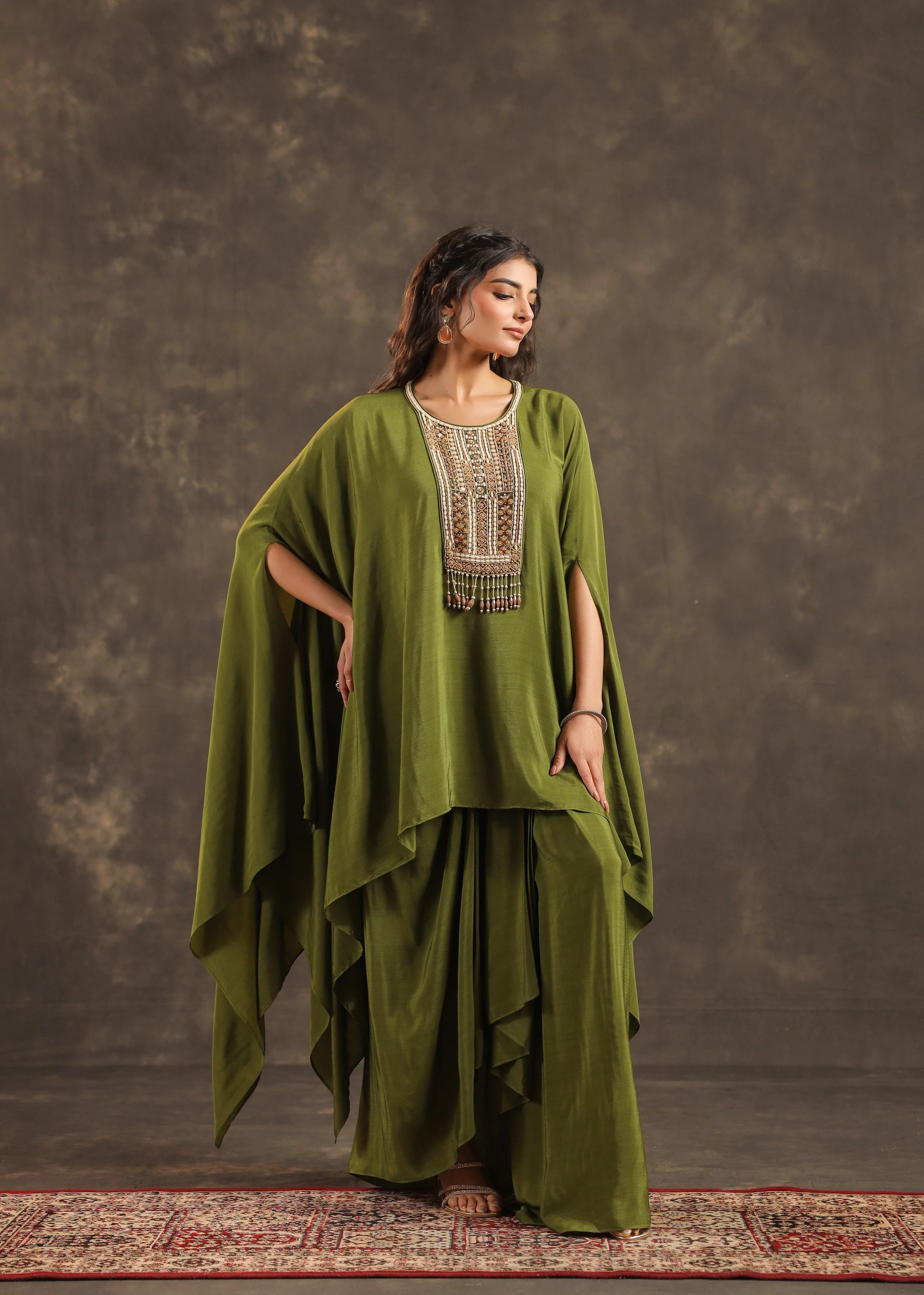 Olive Embellished Crepe Silk Kaftan Set - Image 5