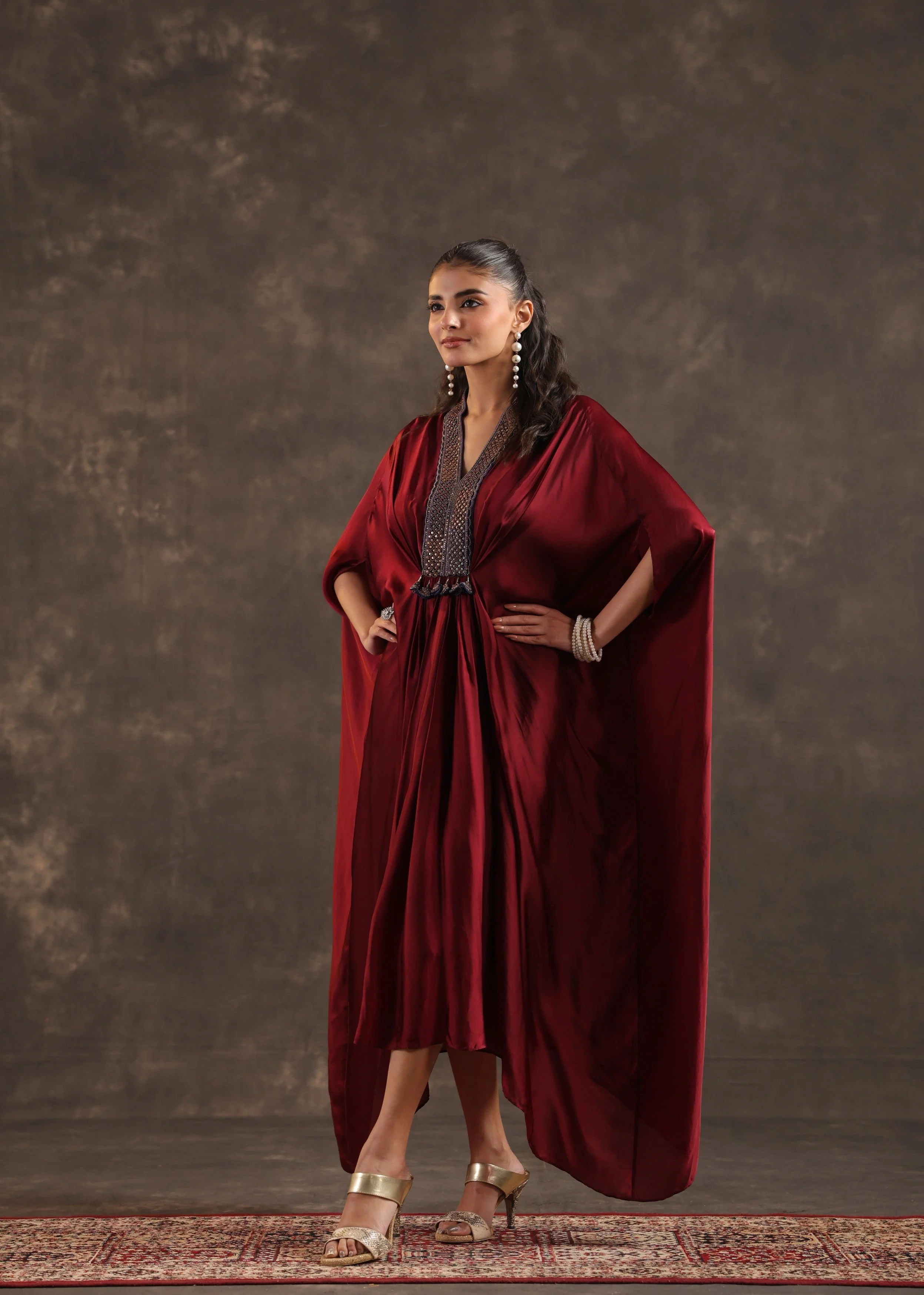 Garnet Regal Embellished Satin Silk Dress - Image 3