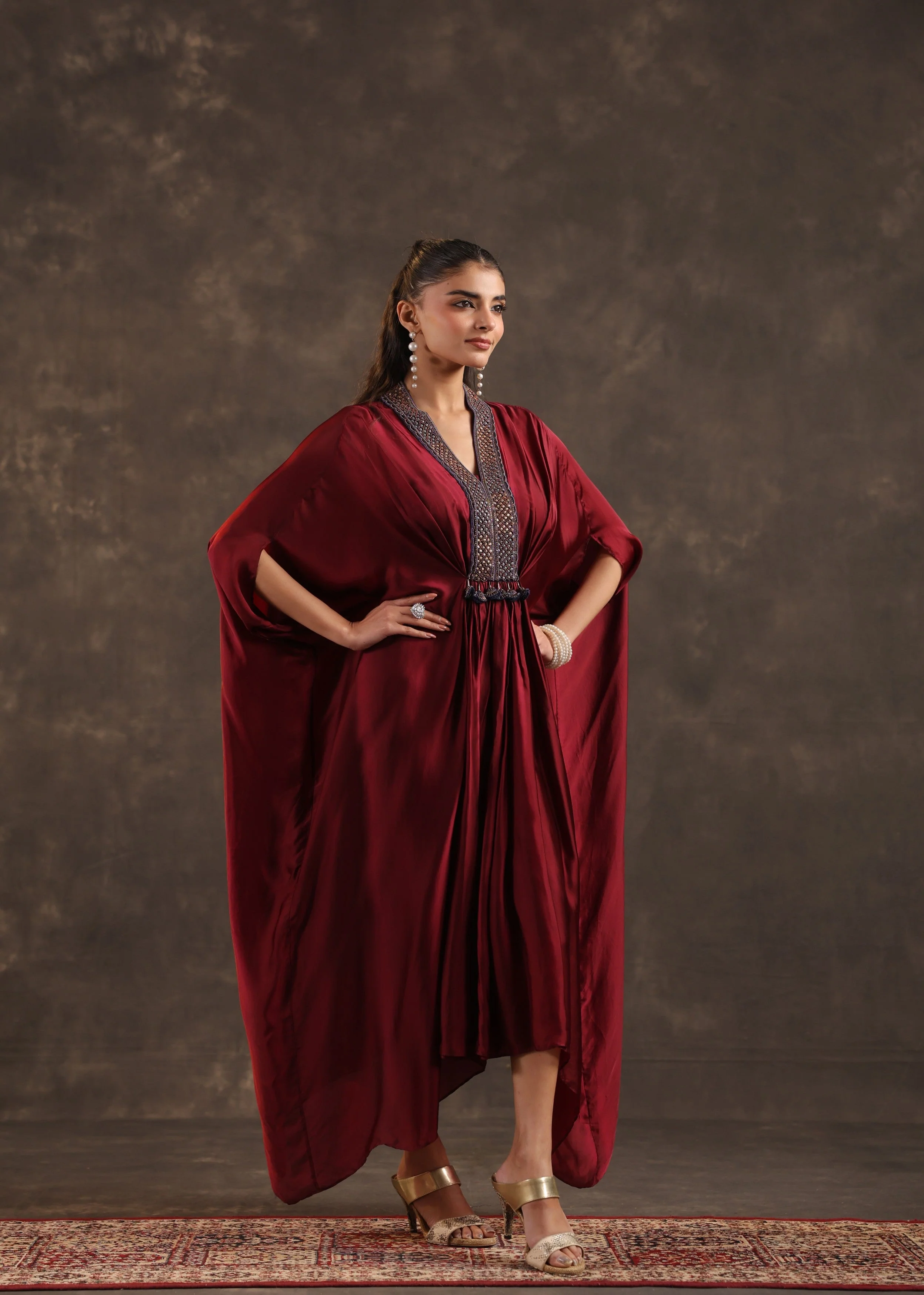Garnet Regal Embellished Satin Silk Dress - Image 4
