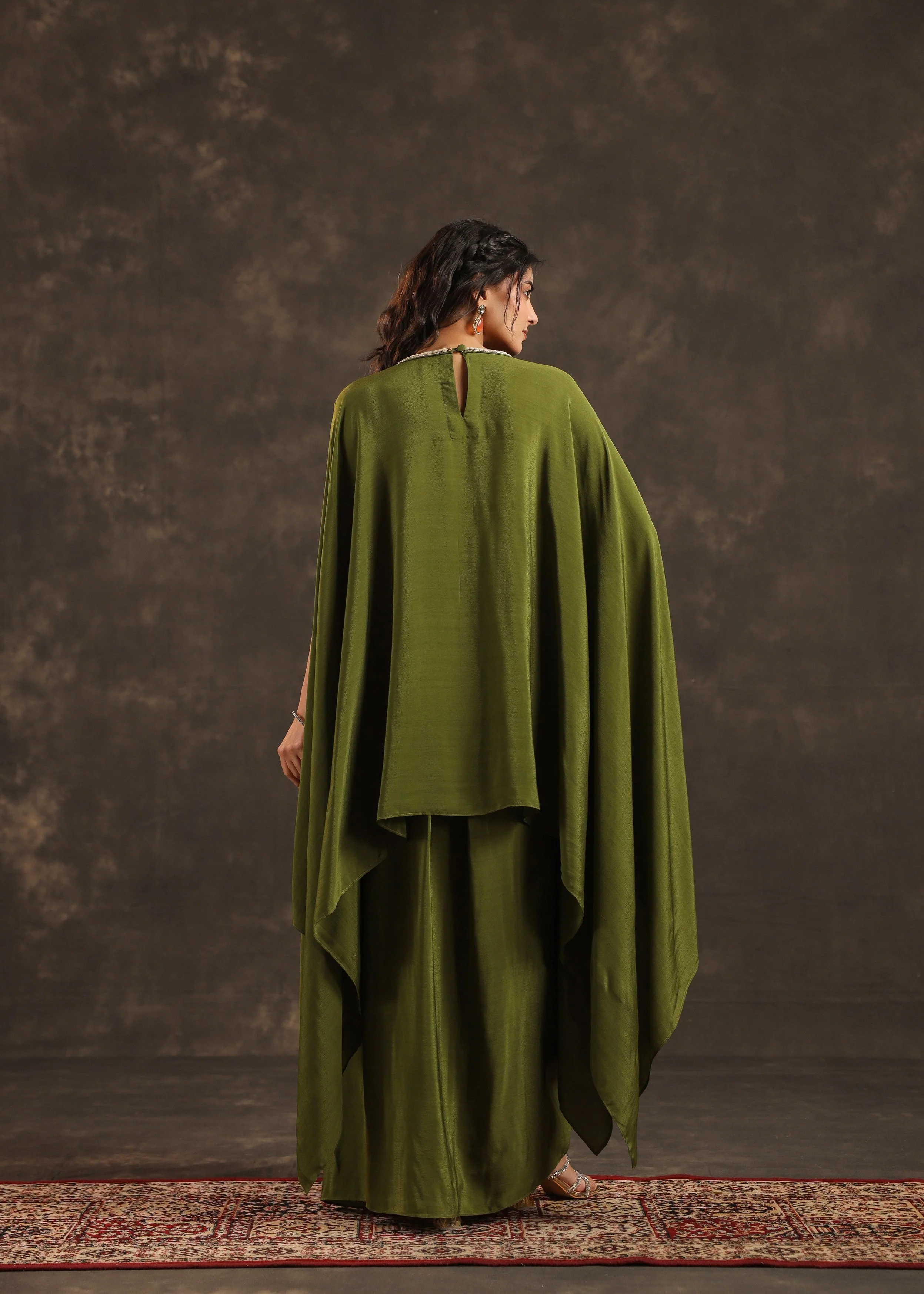 Olive Embellished Crepe Silk Kaftan Set - Image 6