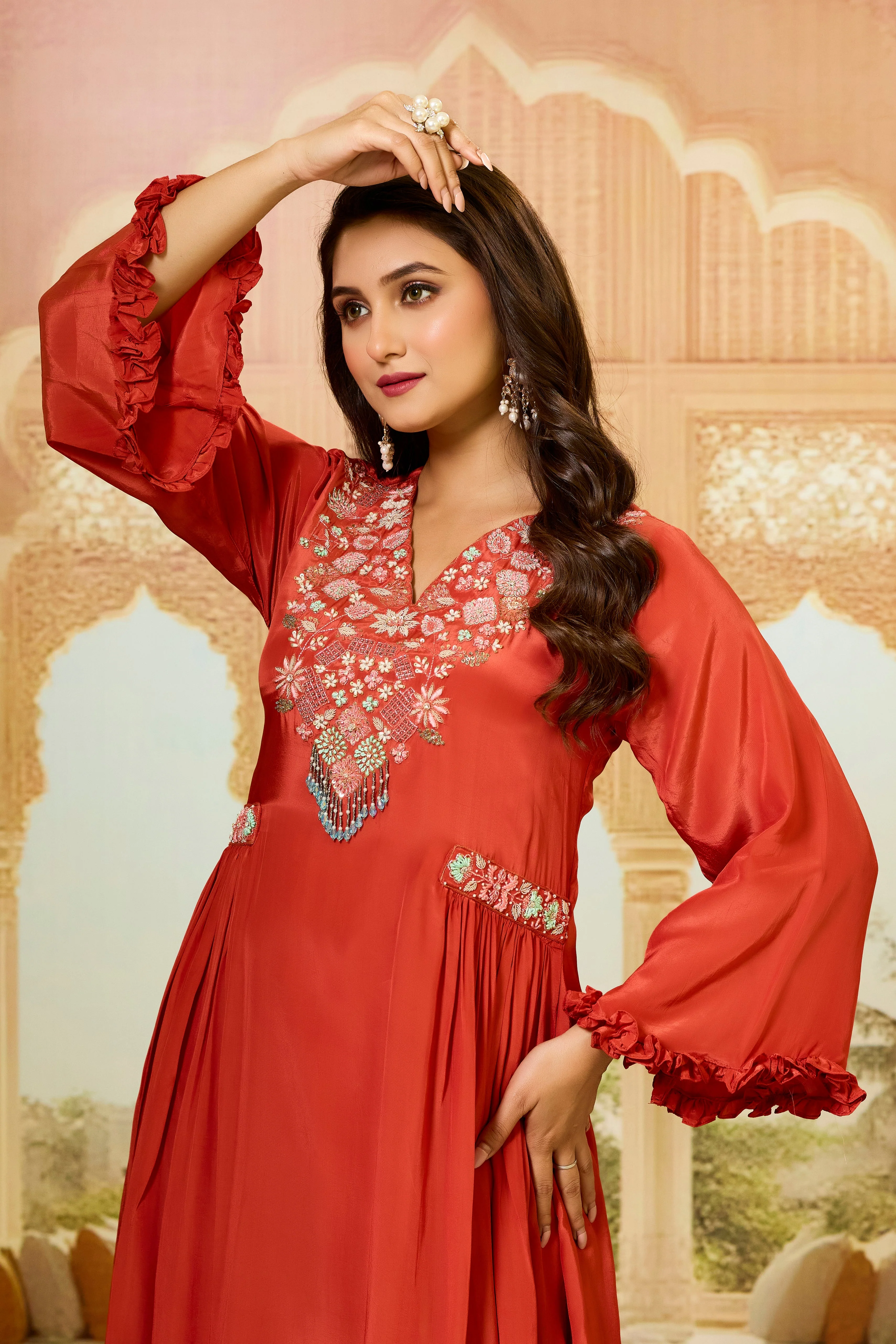 Orange Embellished Crepe Silk Kurta & Pant Set - Image 2