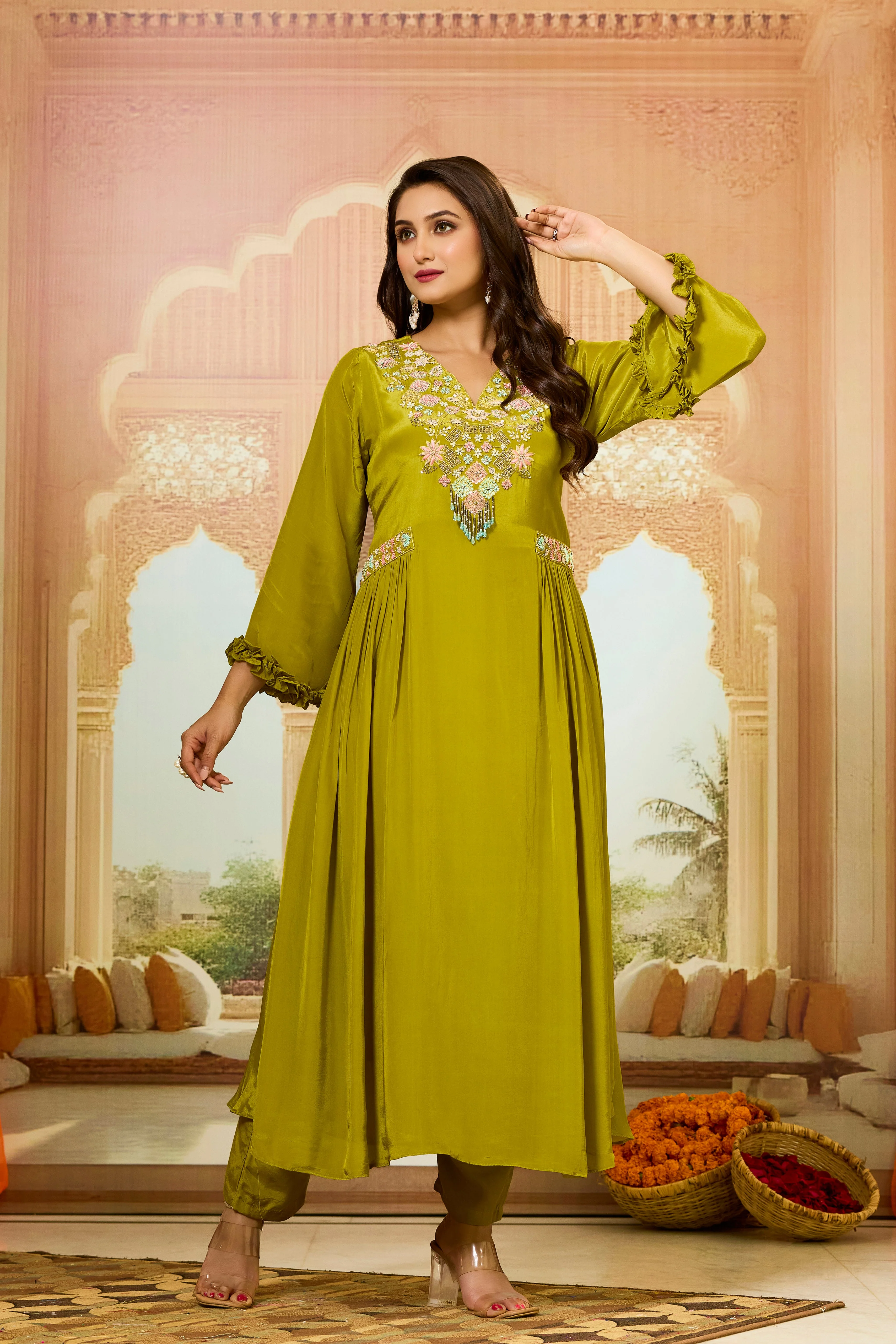 Pear Green Embellished Crepe Silk Kurta & Pant Set - Image 3