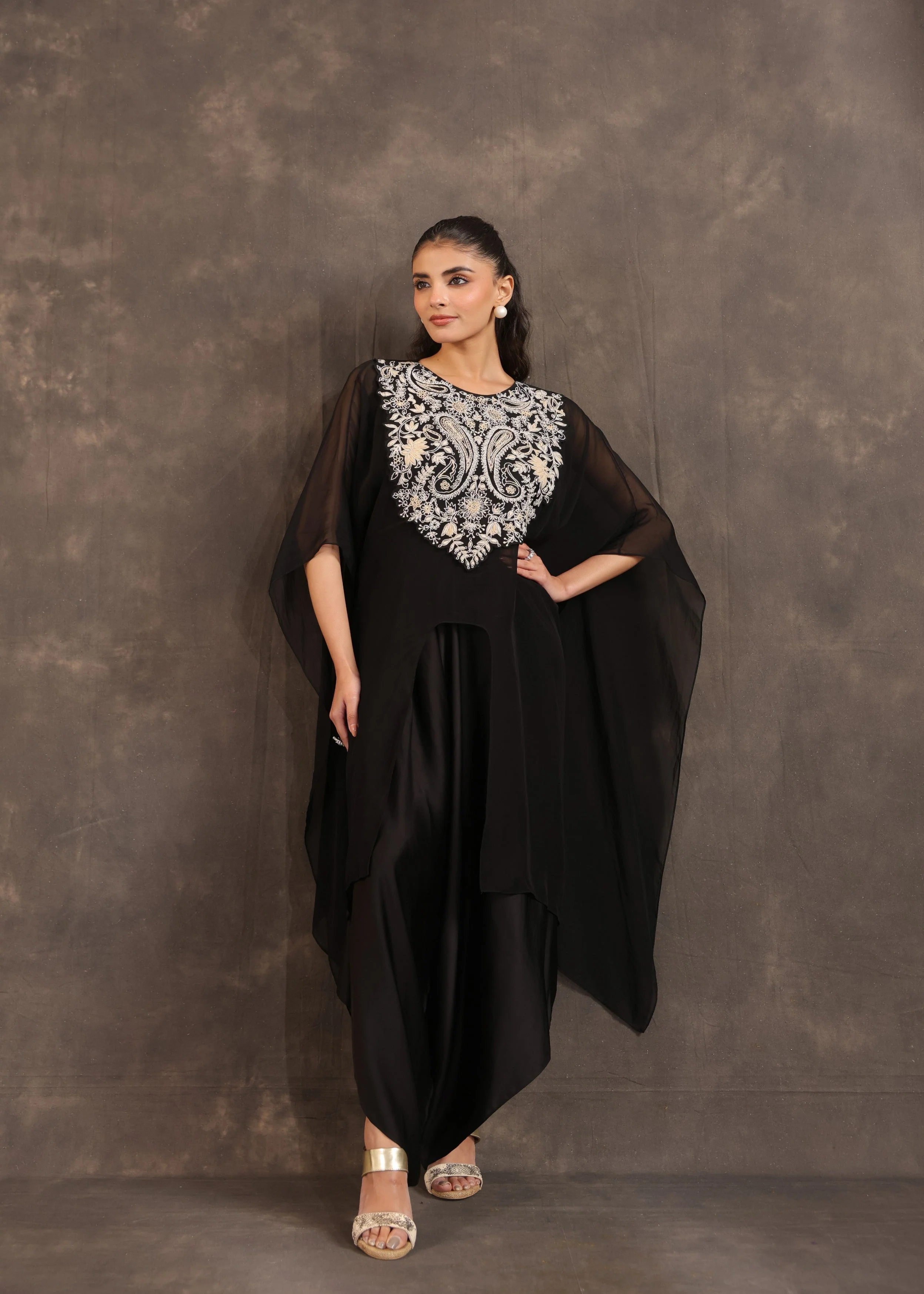 Black Cape Embellished Organza Silk Kurta Set