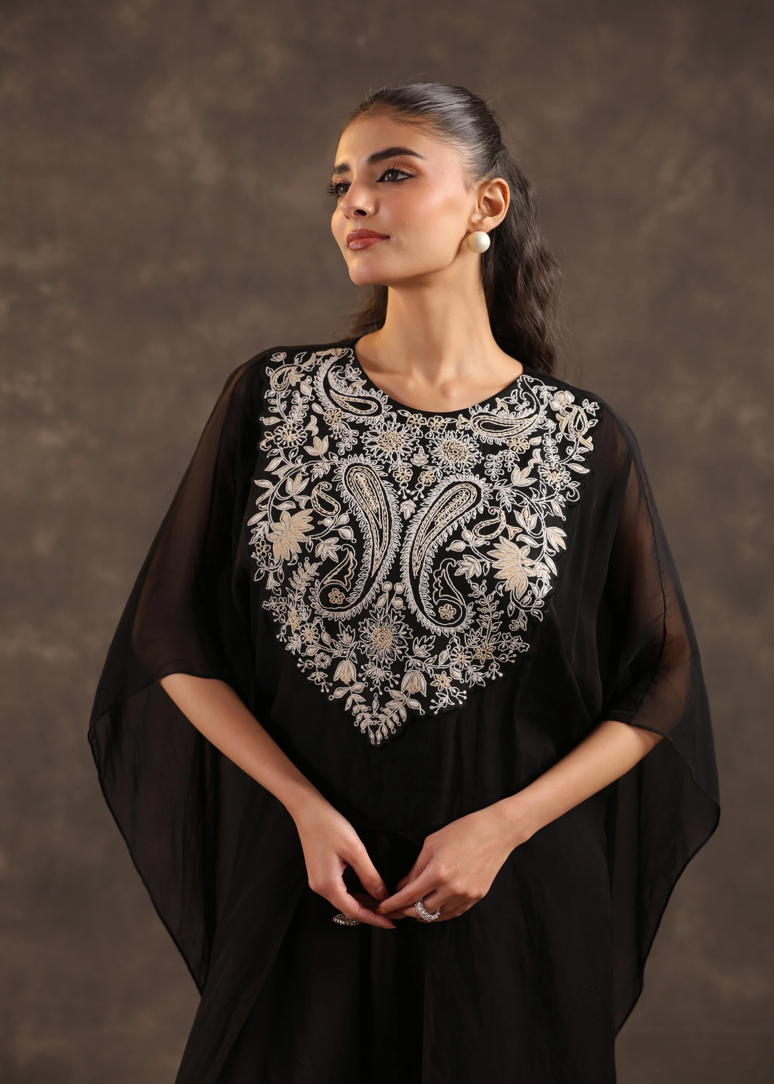 Black Cape Embellished Organza Silk Kurta Set - Image 2