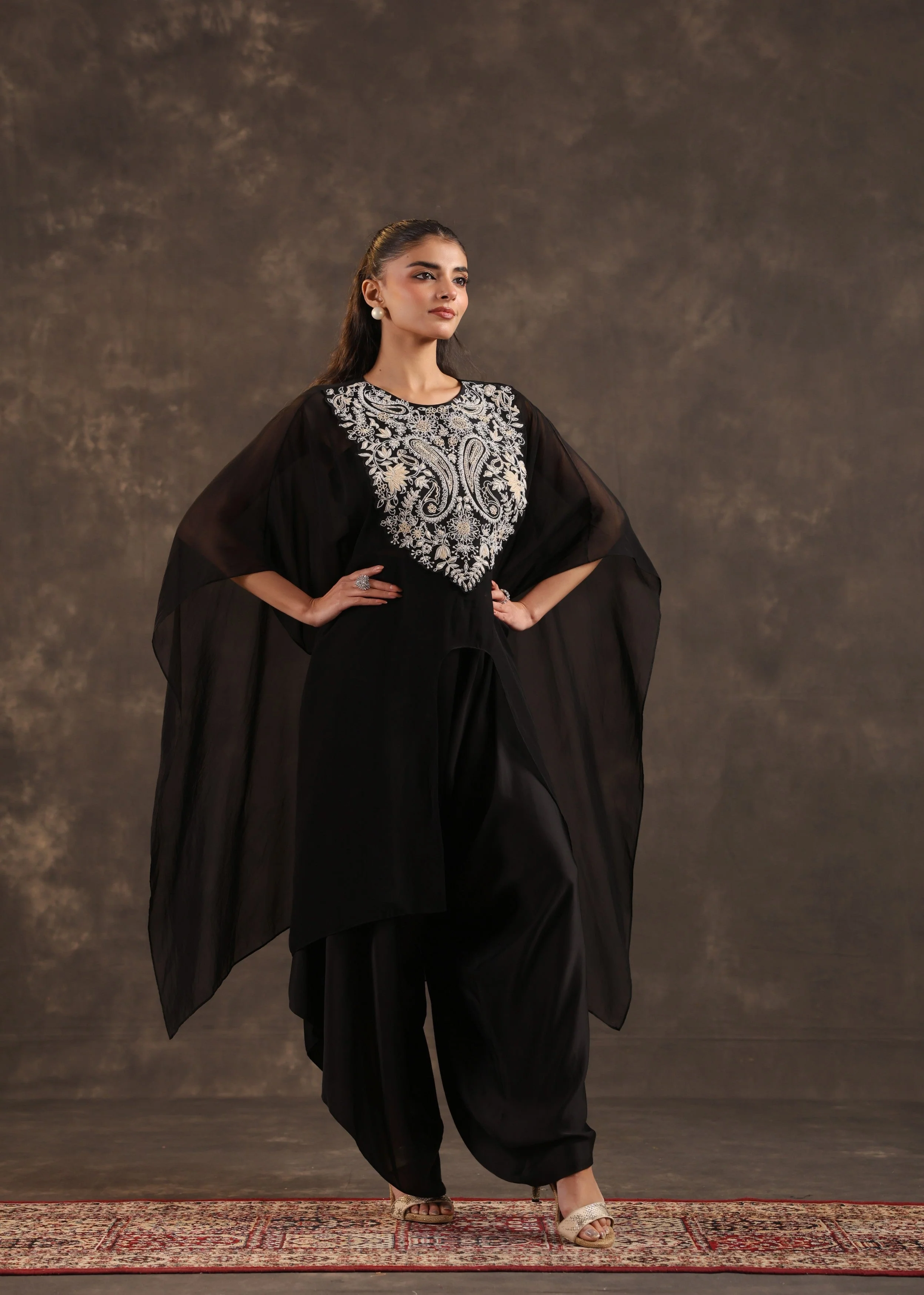 Black Cape Embellished Organza Silk Kurta Set - Image 3