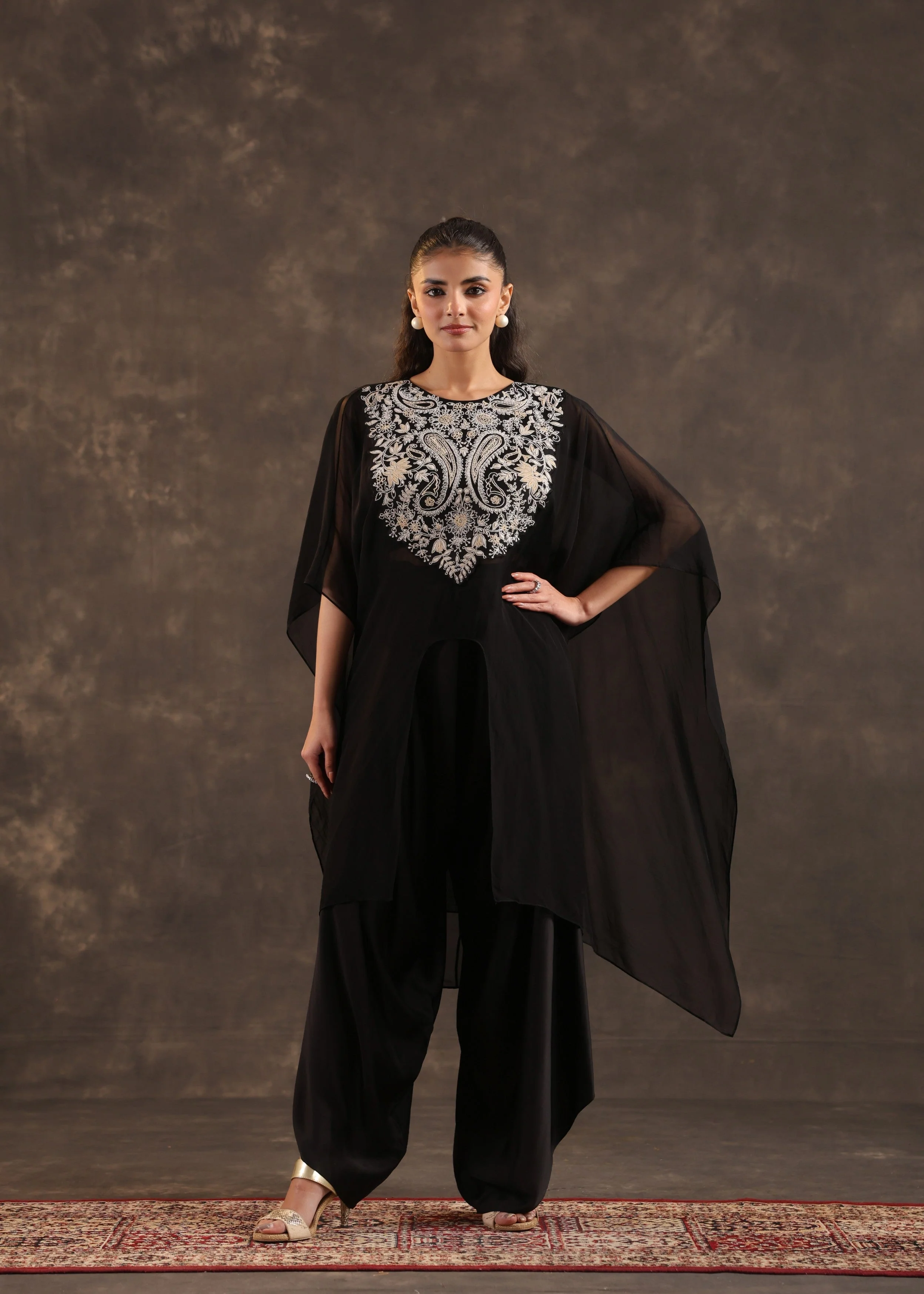 Black Cape Embellished Organza Silk Kurta Set - Image 4