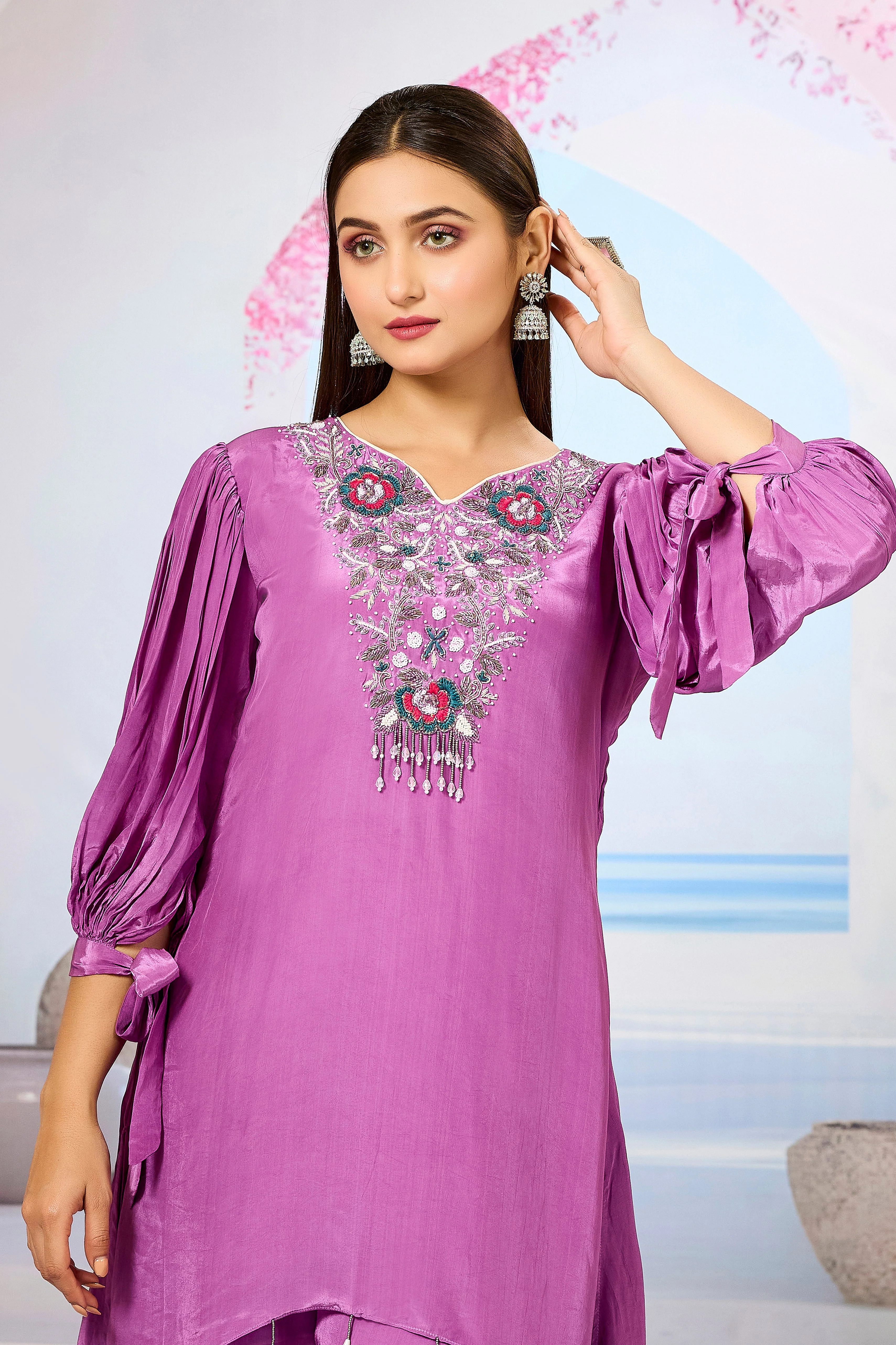 Pink Embellished Crepe Silk Palazzo Set - Image 2