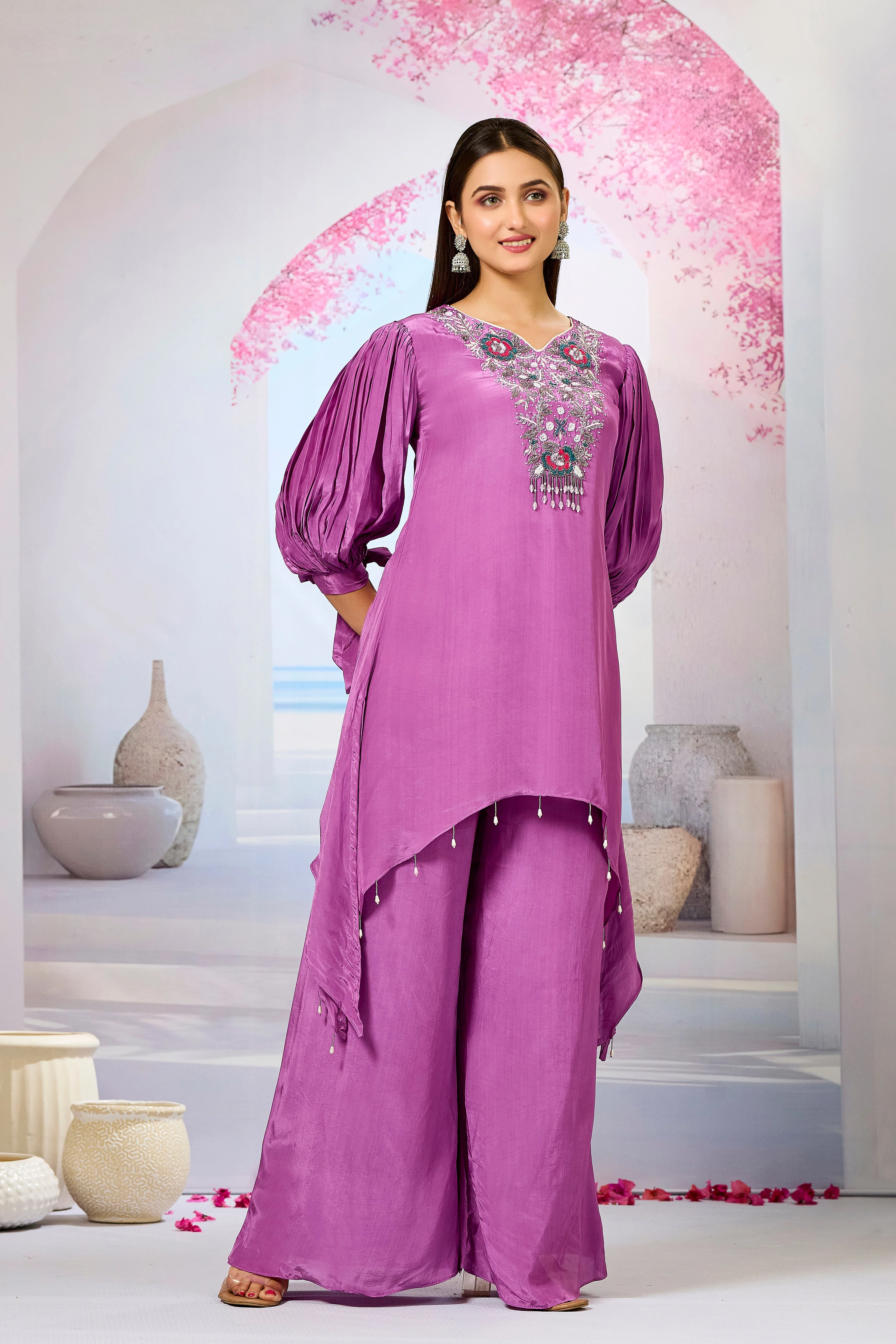 Pink Embellished Crepe Silk Palazzo Set - Image 3
