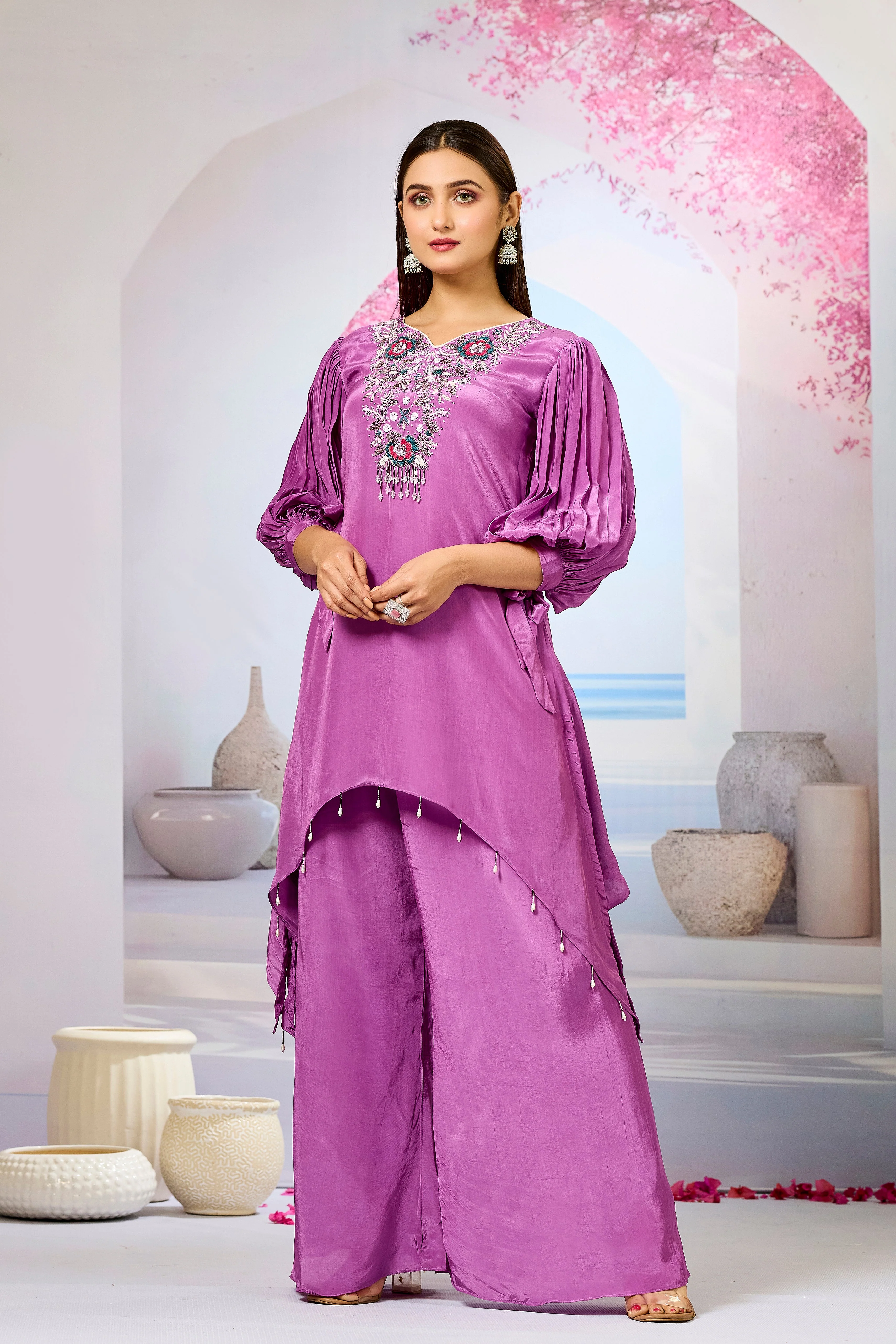 Pink Embellished Crepe Silk Palazzo Set - Image 4