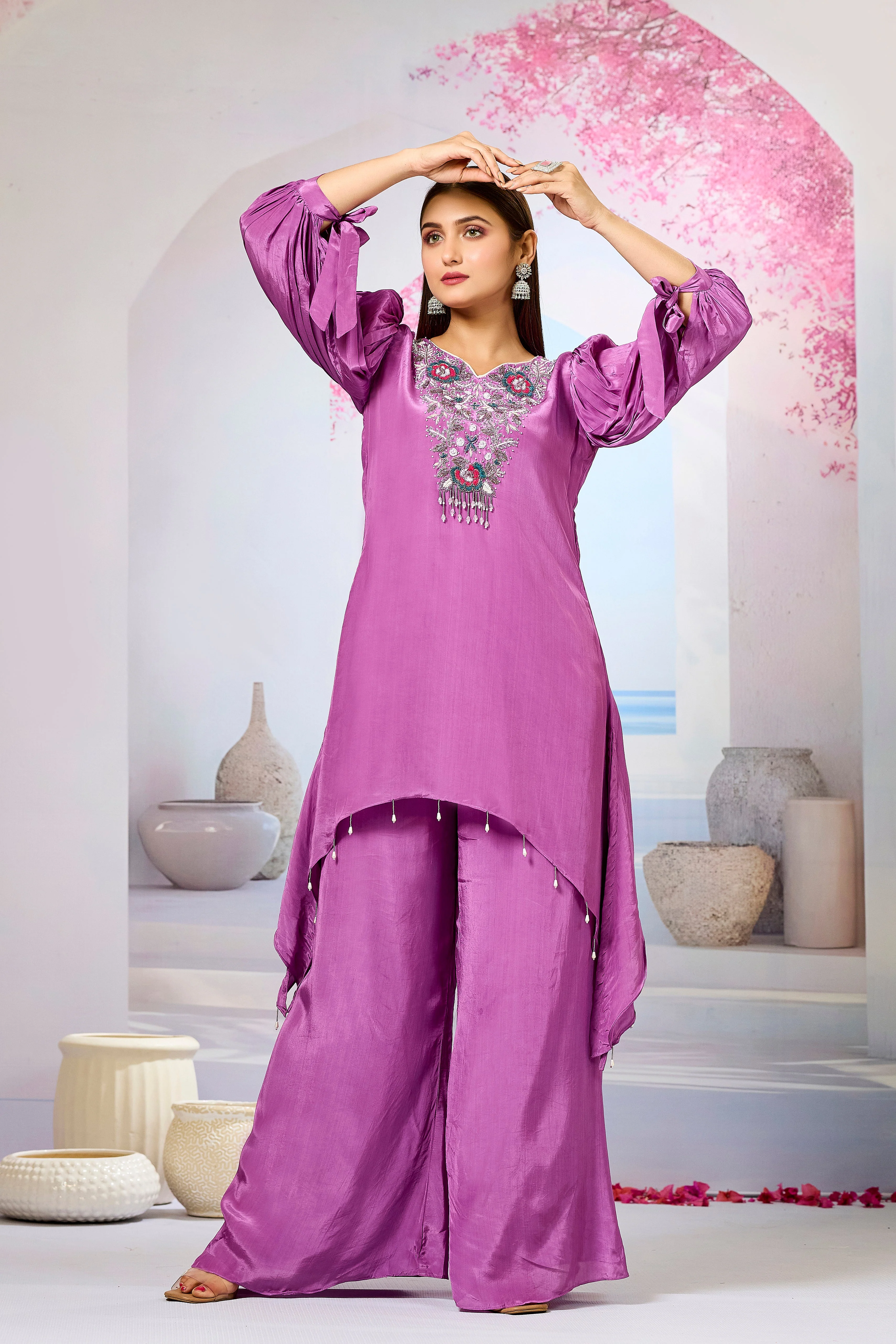 Pink Embellished Crepe Silk Palazzo Set - Image 5