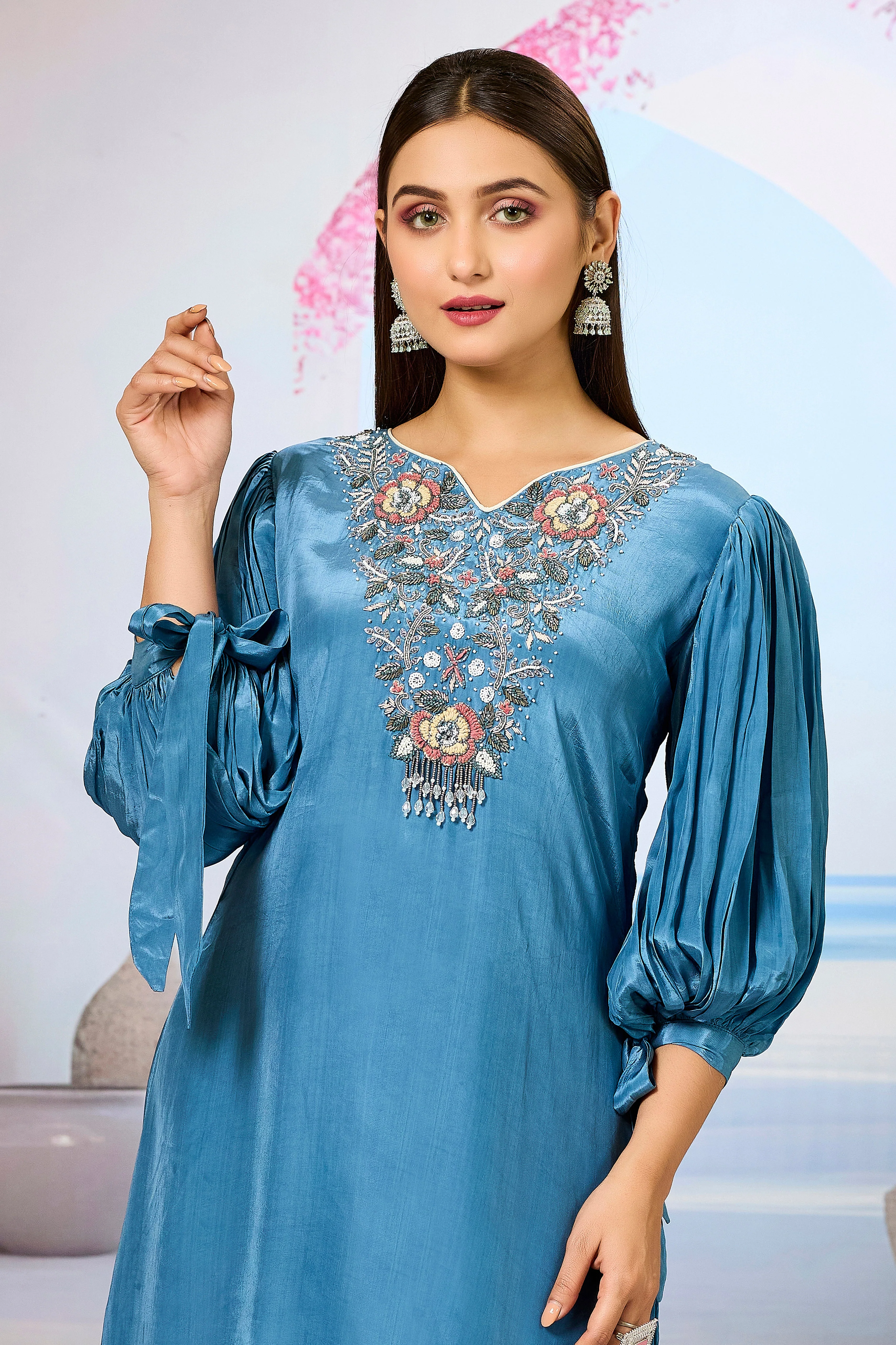 Blue Embellished Crepe Silk Palazzo Set - Image 2