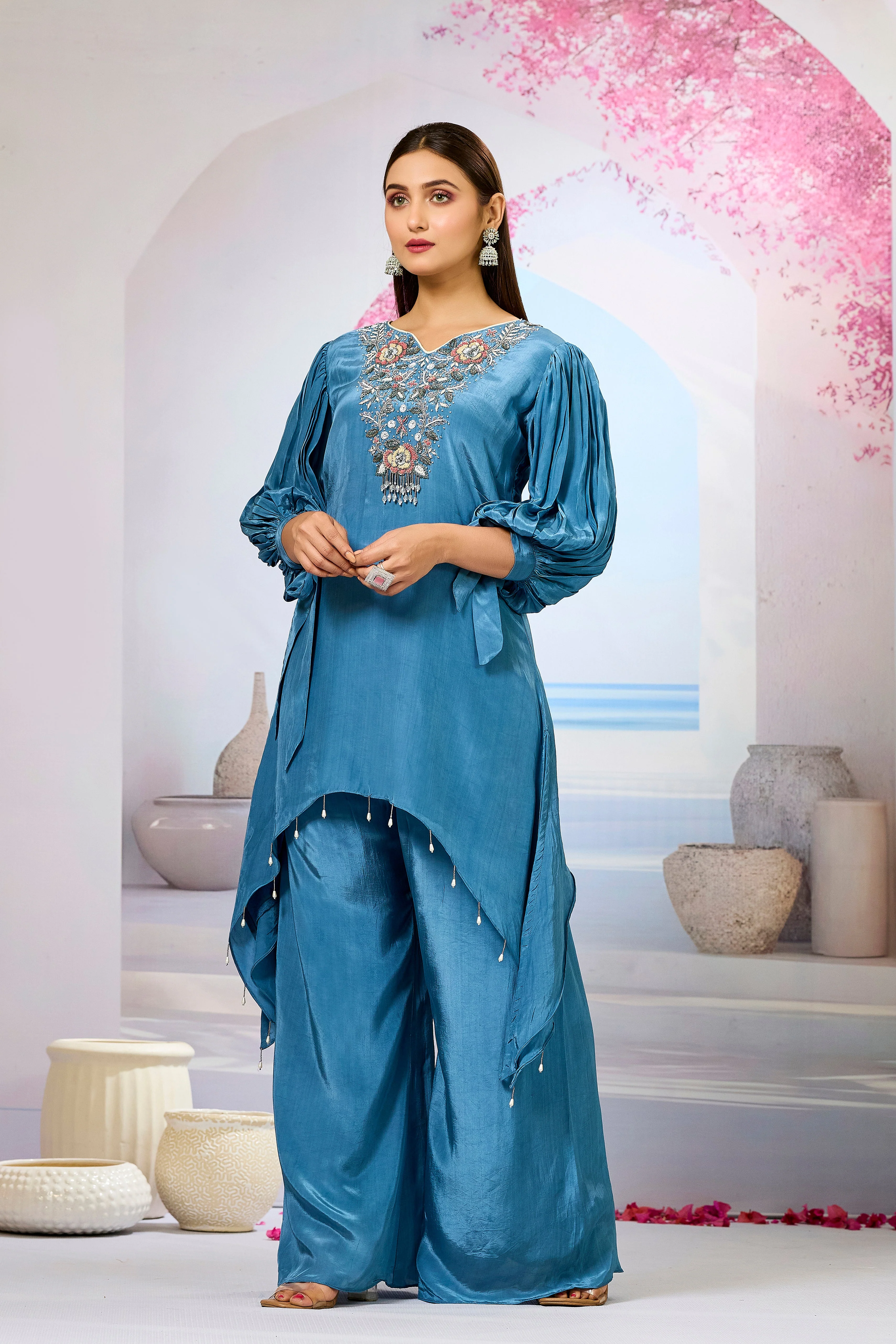 Blue Embellished Crepe Silk Palazzo Set - Image 3