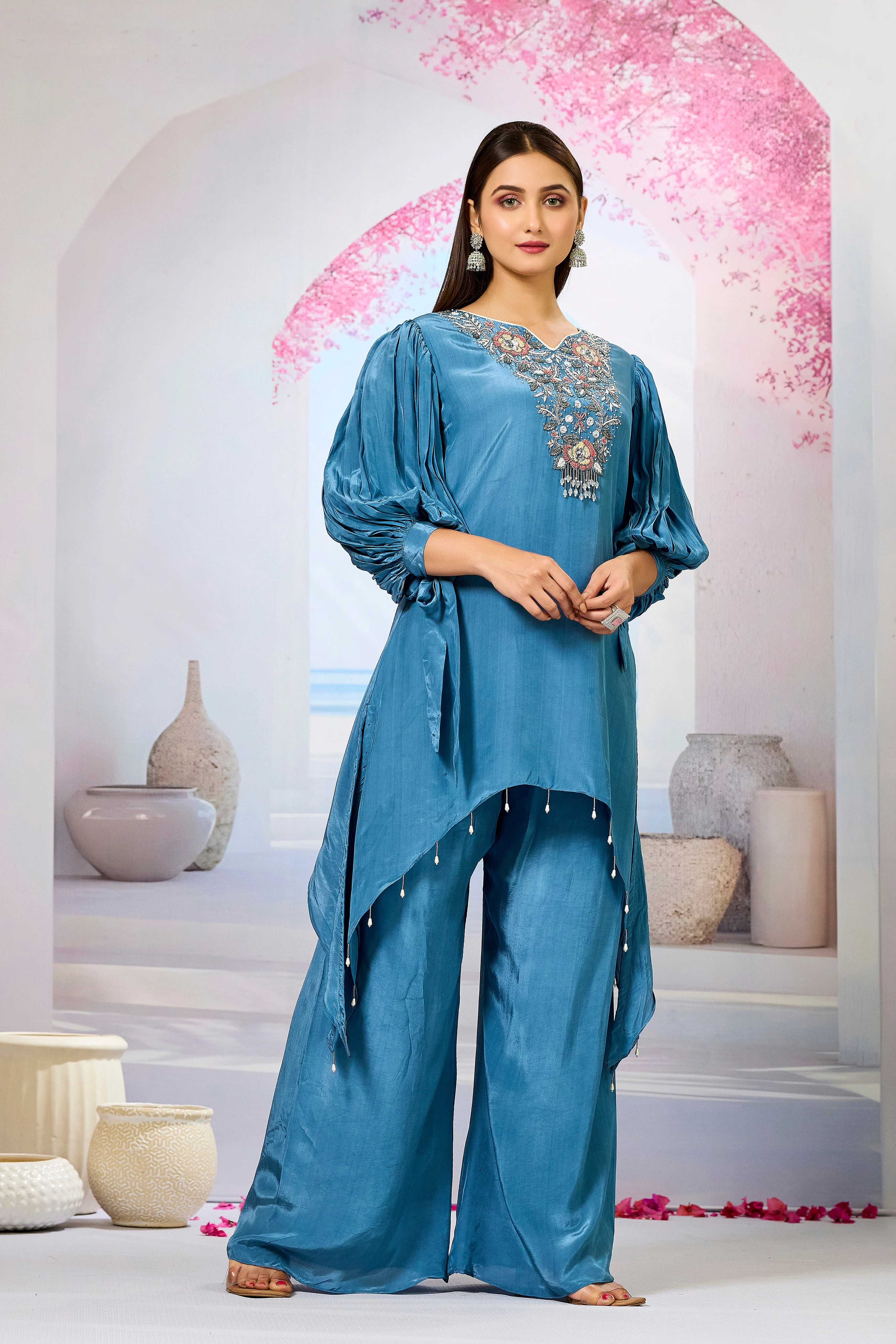 Blue Embellished Crepe Silk Palazzo Set - Image 4