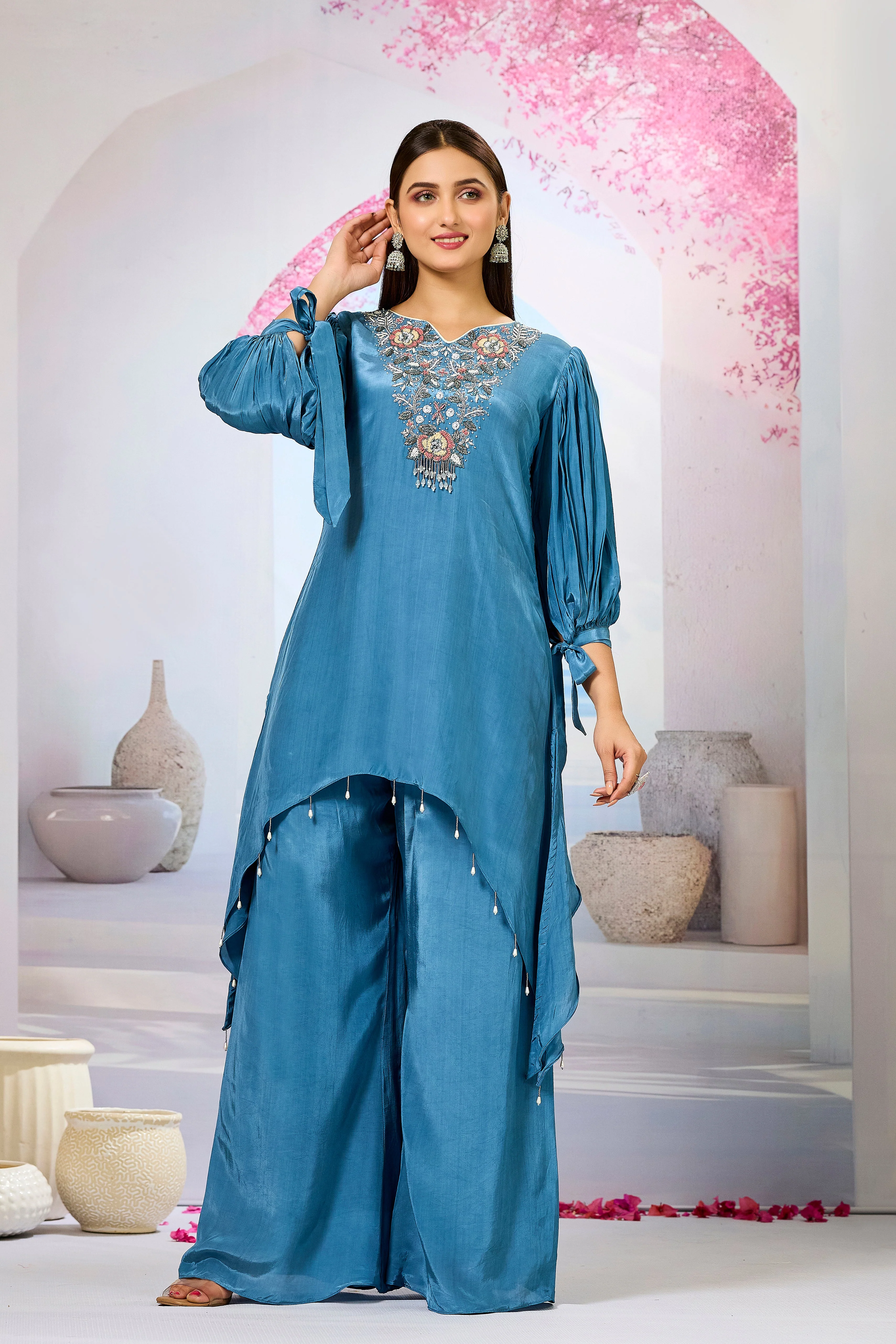 Blue Embellished Crepe Silk Palazzo Set - Image 5