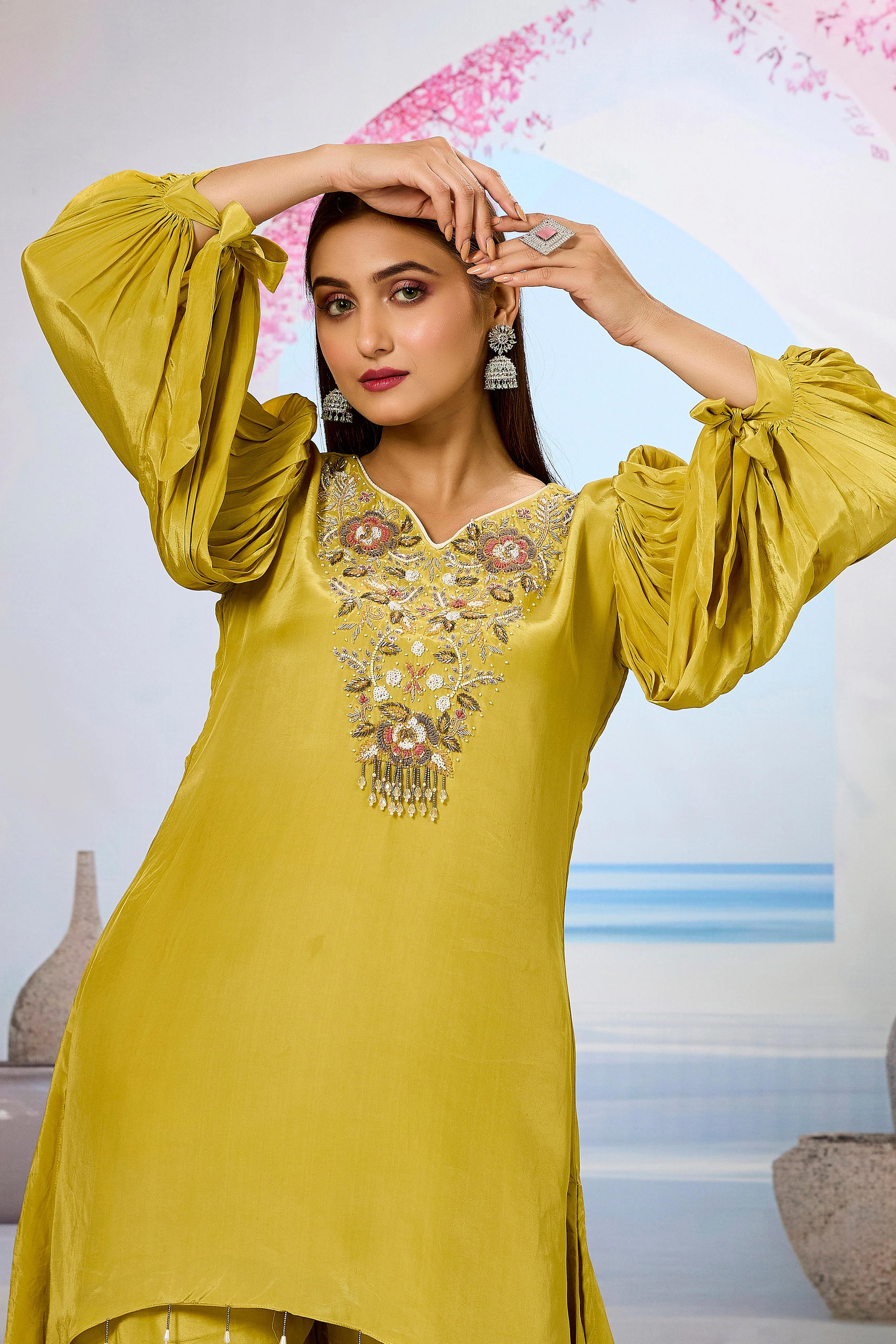 Pear Green Embellished Crepe Silk Palazzo Set - Image 2
