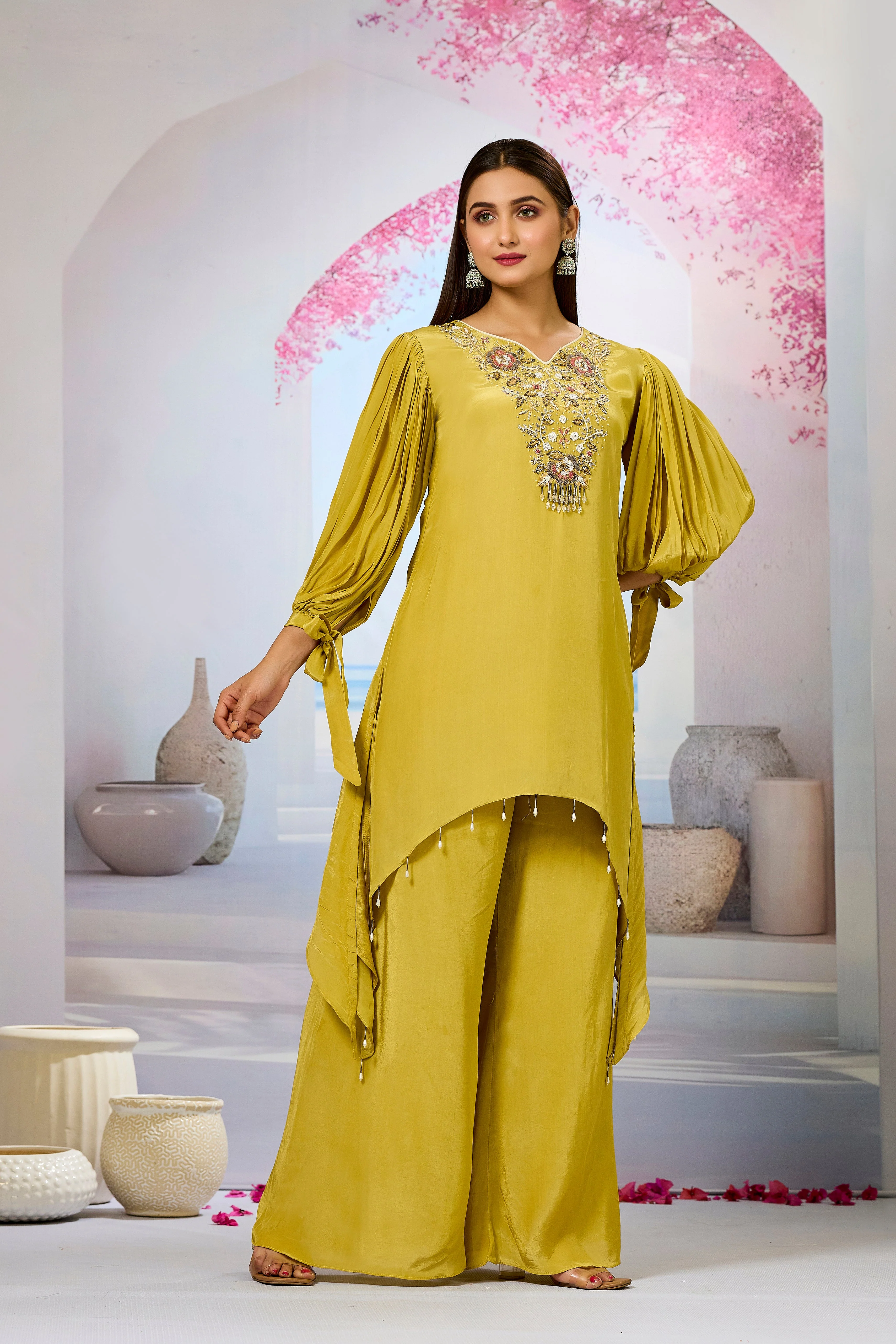 Pear Green Embellished Crepe Silk Palazzo Set - Image 3