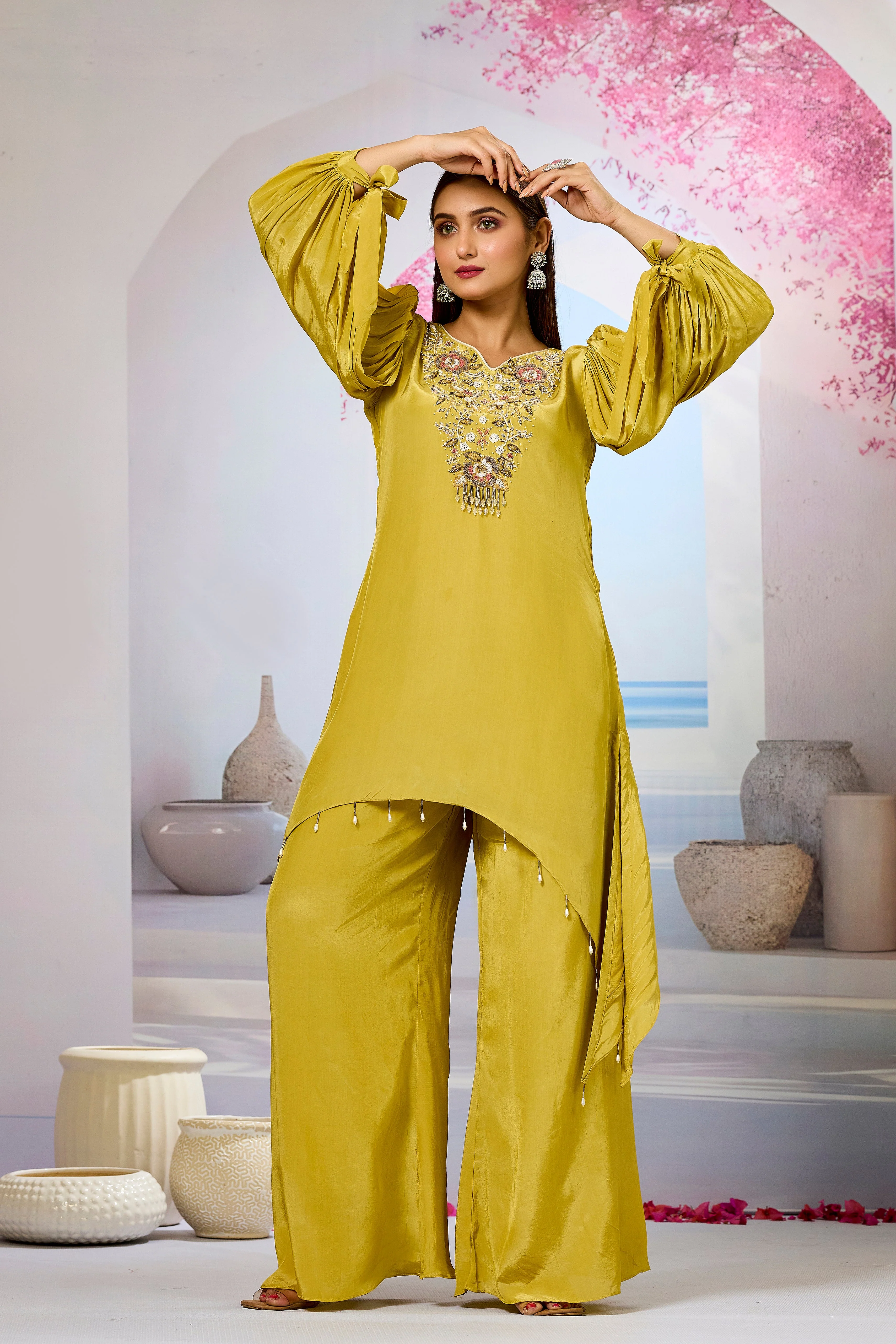 Pear Green Embellished Crepe Silk Palazzo Set - Image 4