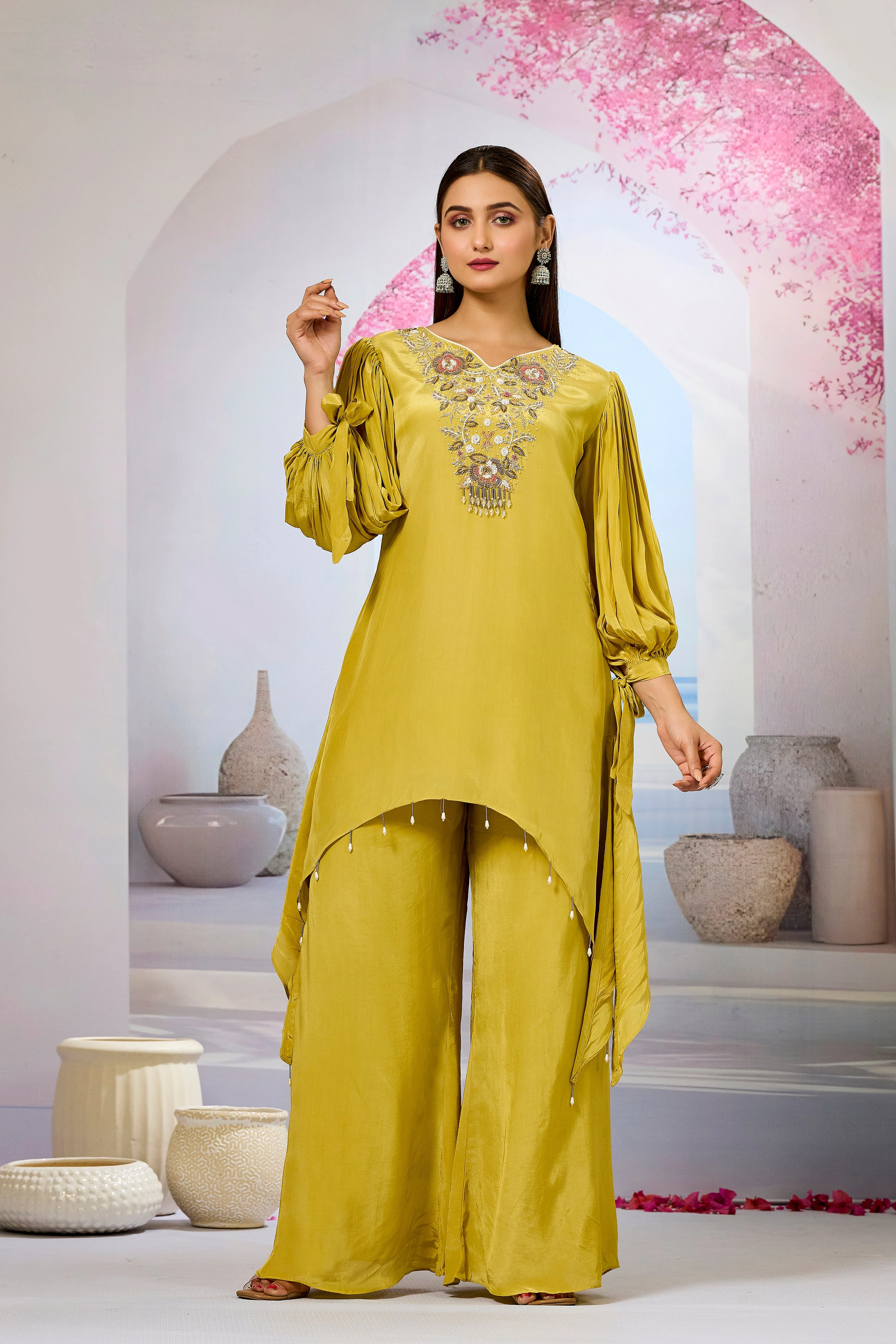 Pear Green Embellished Crepe Silk Palazzo Set - Image 5