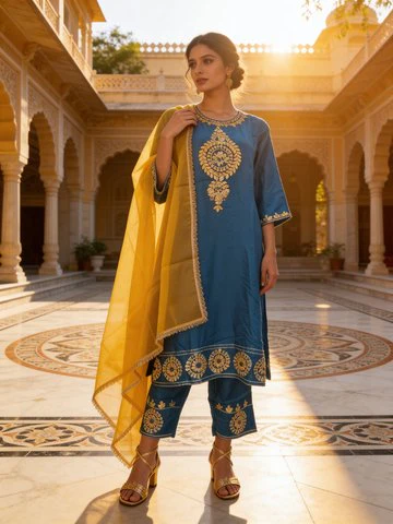 Teal Blue Embellished Crepe Silk Pant Set - Image 2