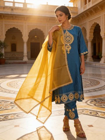 Teal Blue Embellished Crepe Silk Pant Set - Image 3