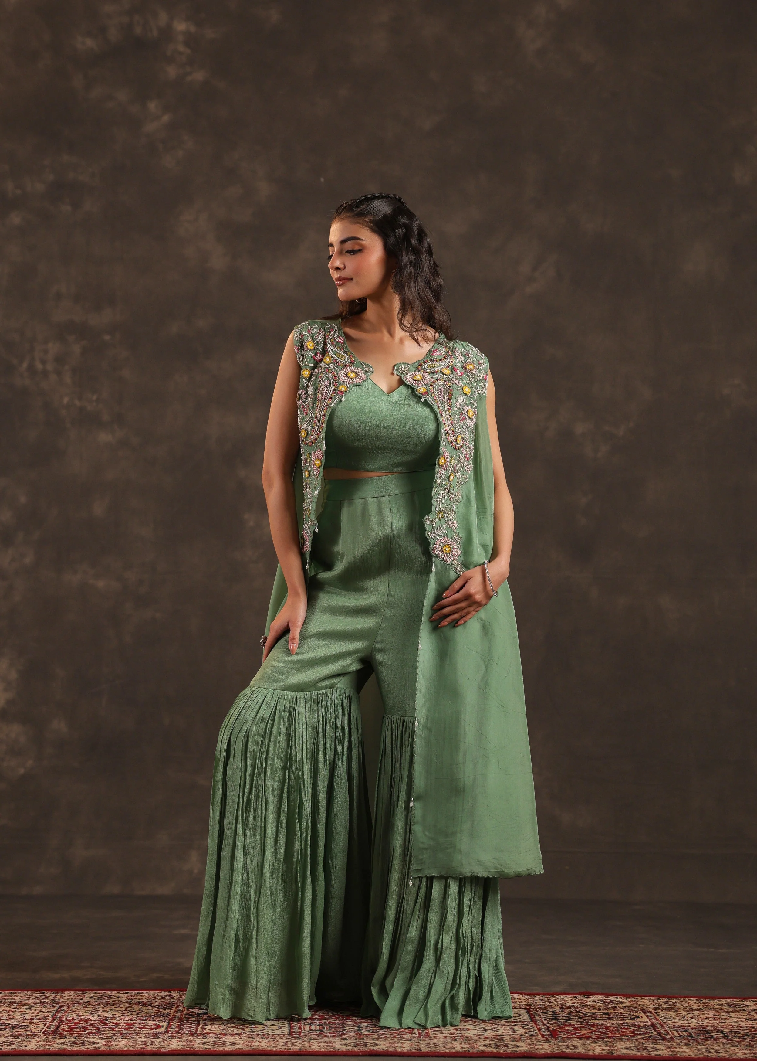 Sage Flora Embellished Chinon Silk Sharara Set - Image 3