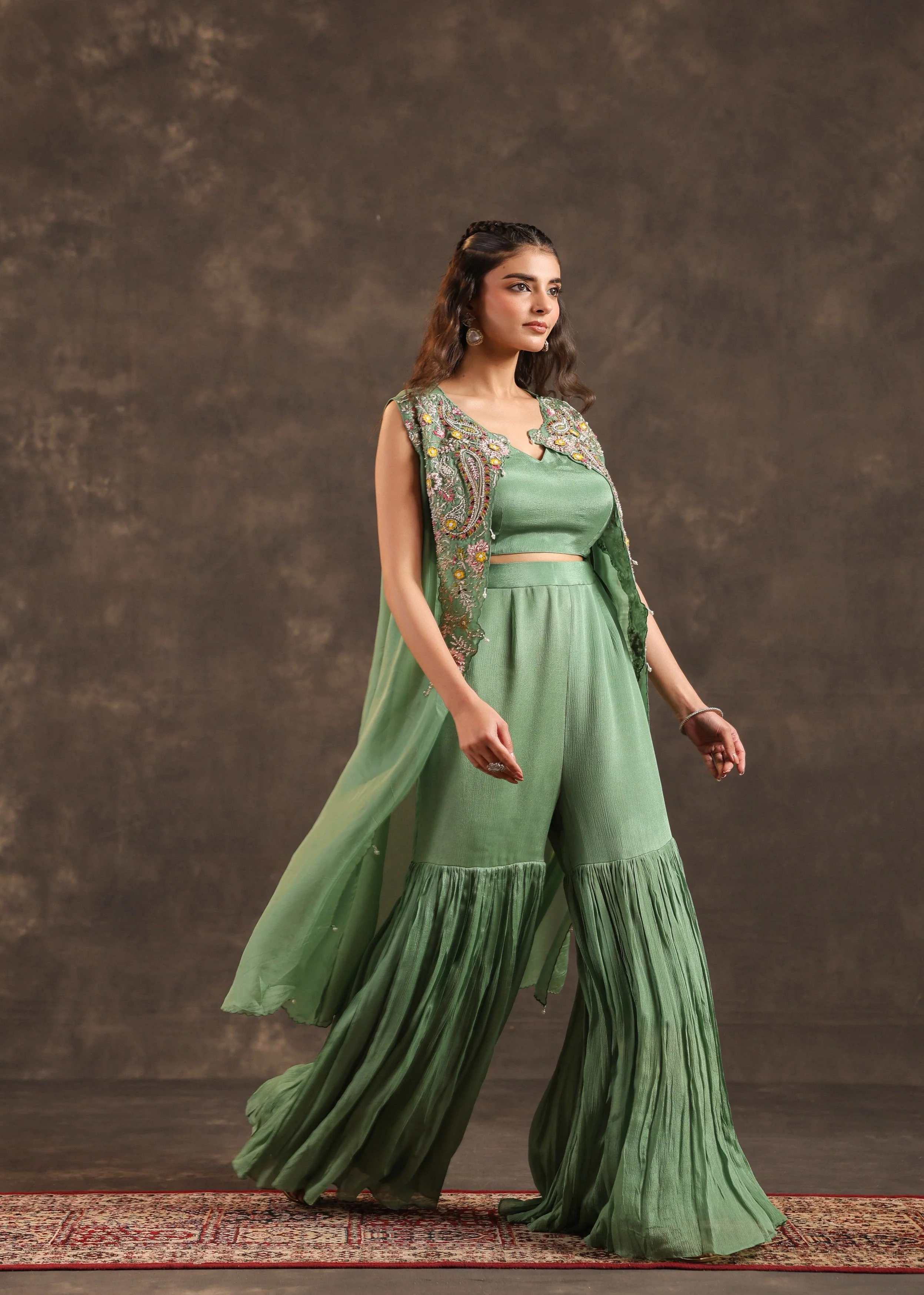 Sage Flora Embellished Chinon Silk Sharara Set - Image 4