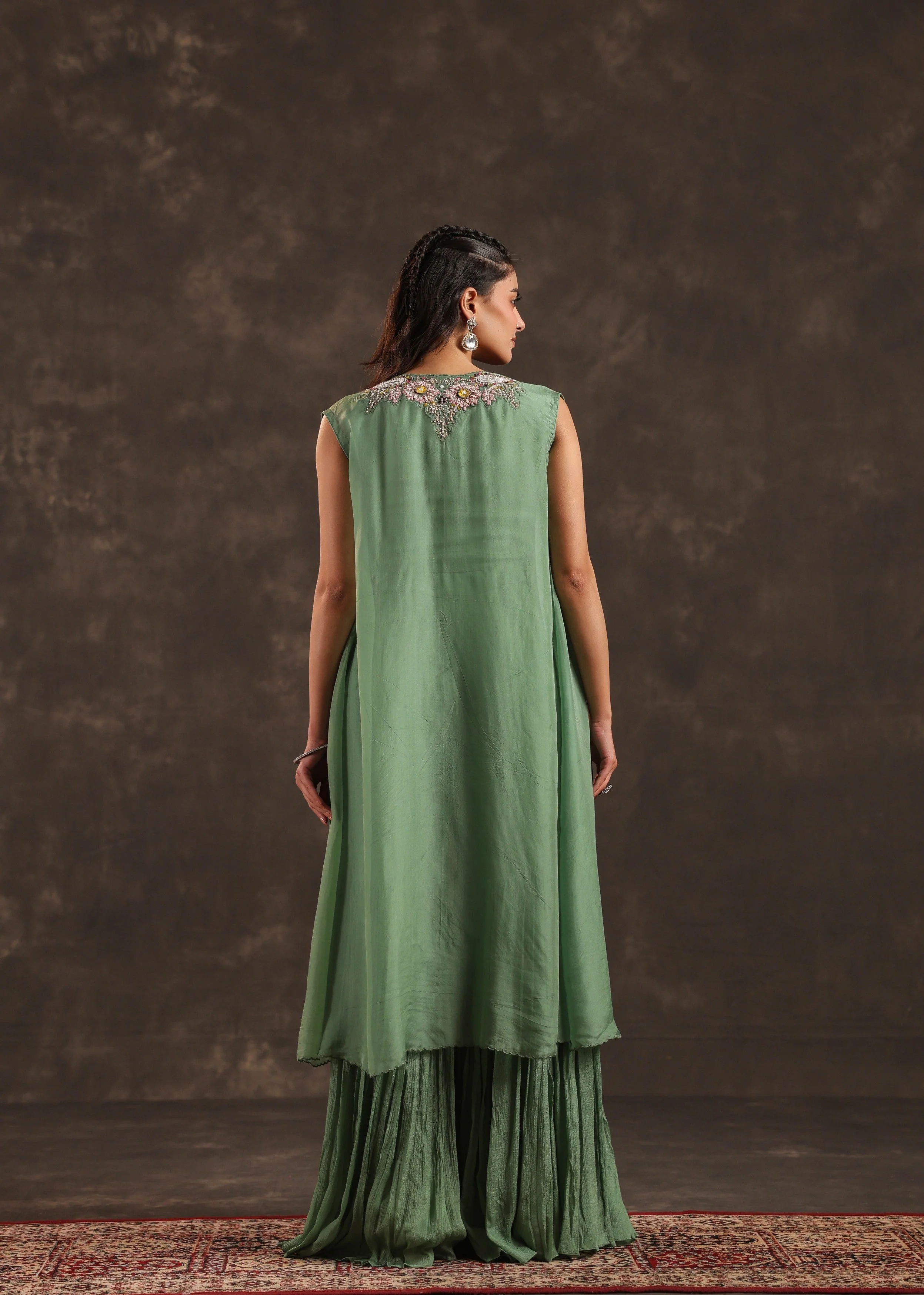 Sage Flora Embellished Chinon Silk Sharara Set - Image 5