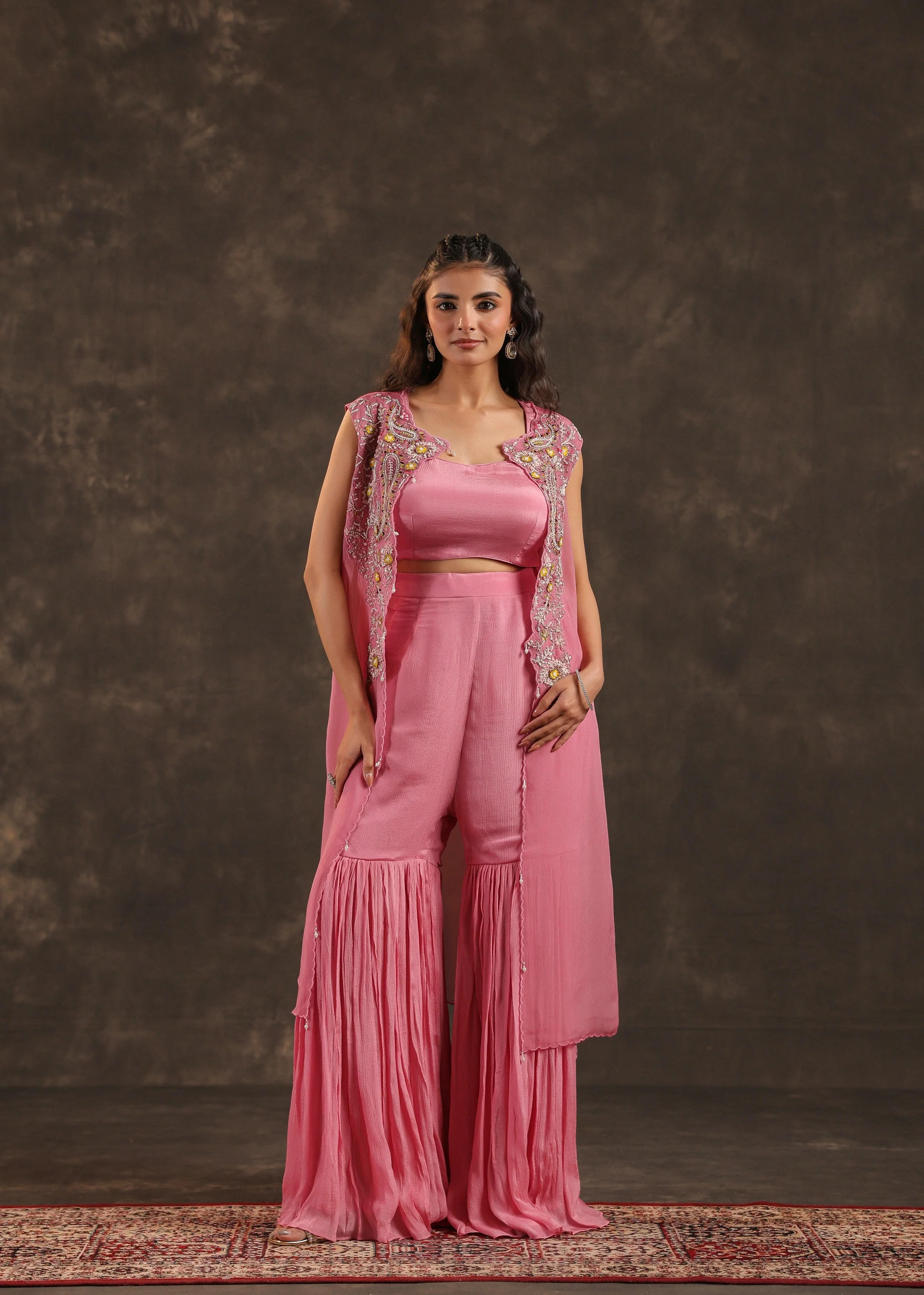 Rose Flora Embellished Chinon Silk Sharara Set - Image 3