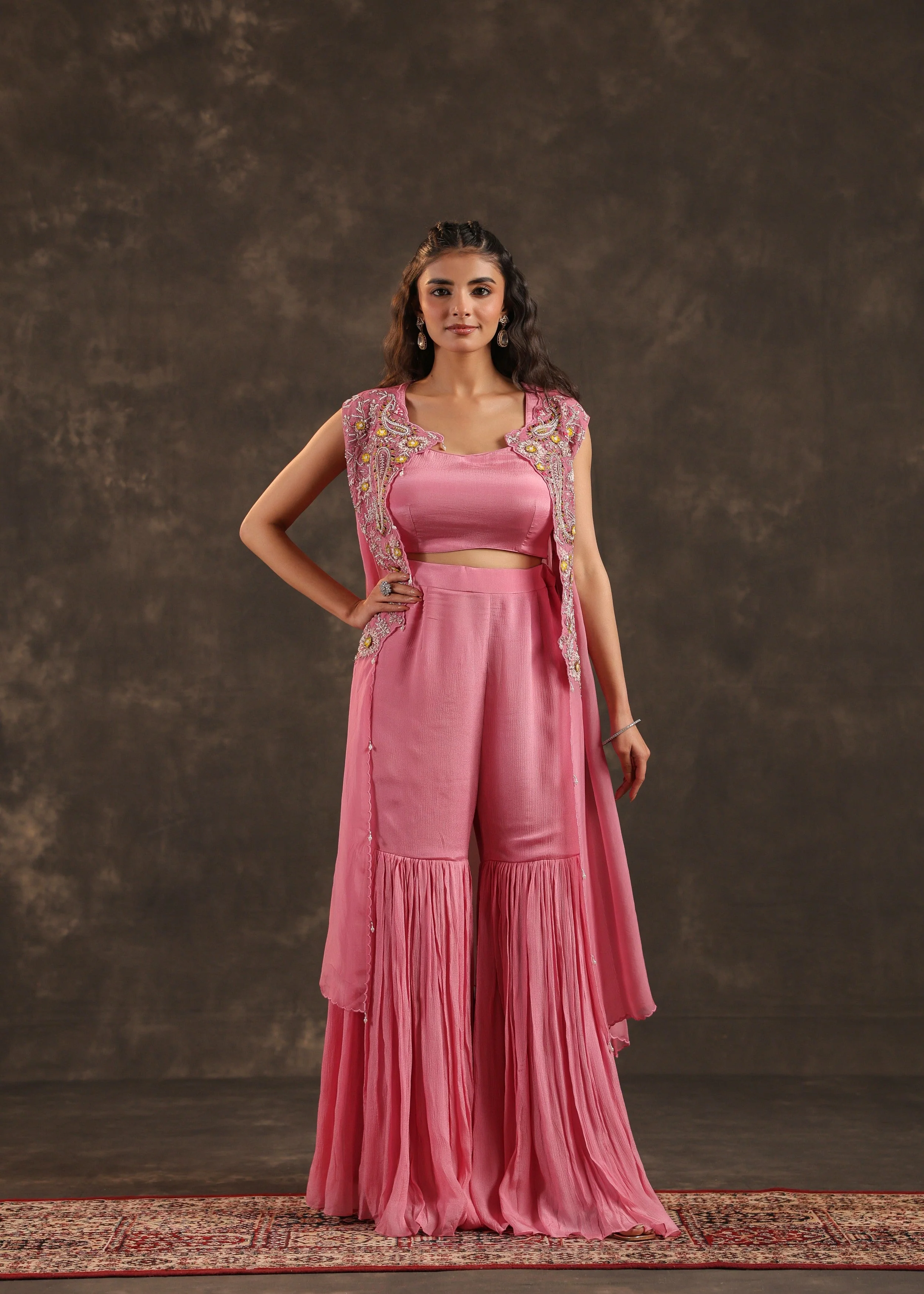 Rose Flora Embellished Chinon Silk Sharara Set - Image 4